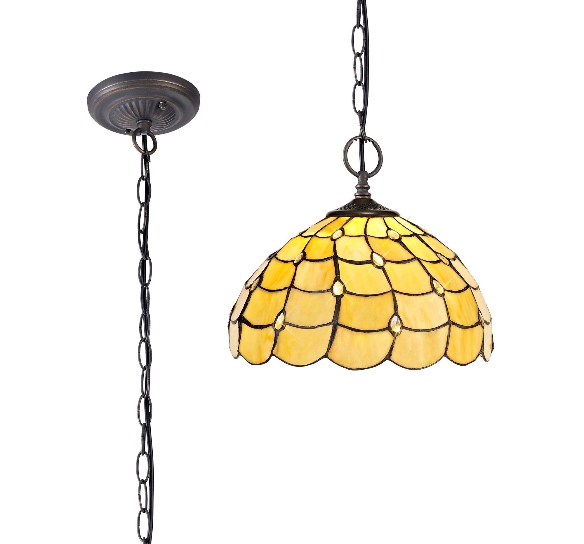 Aero 2 Light Downlighter Pendant E27 With 30cm Tiffany Shade, Beige/Clear Crystal/Aged Antique Brass - Cusack Lighting