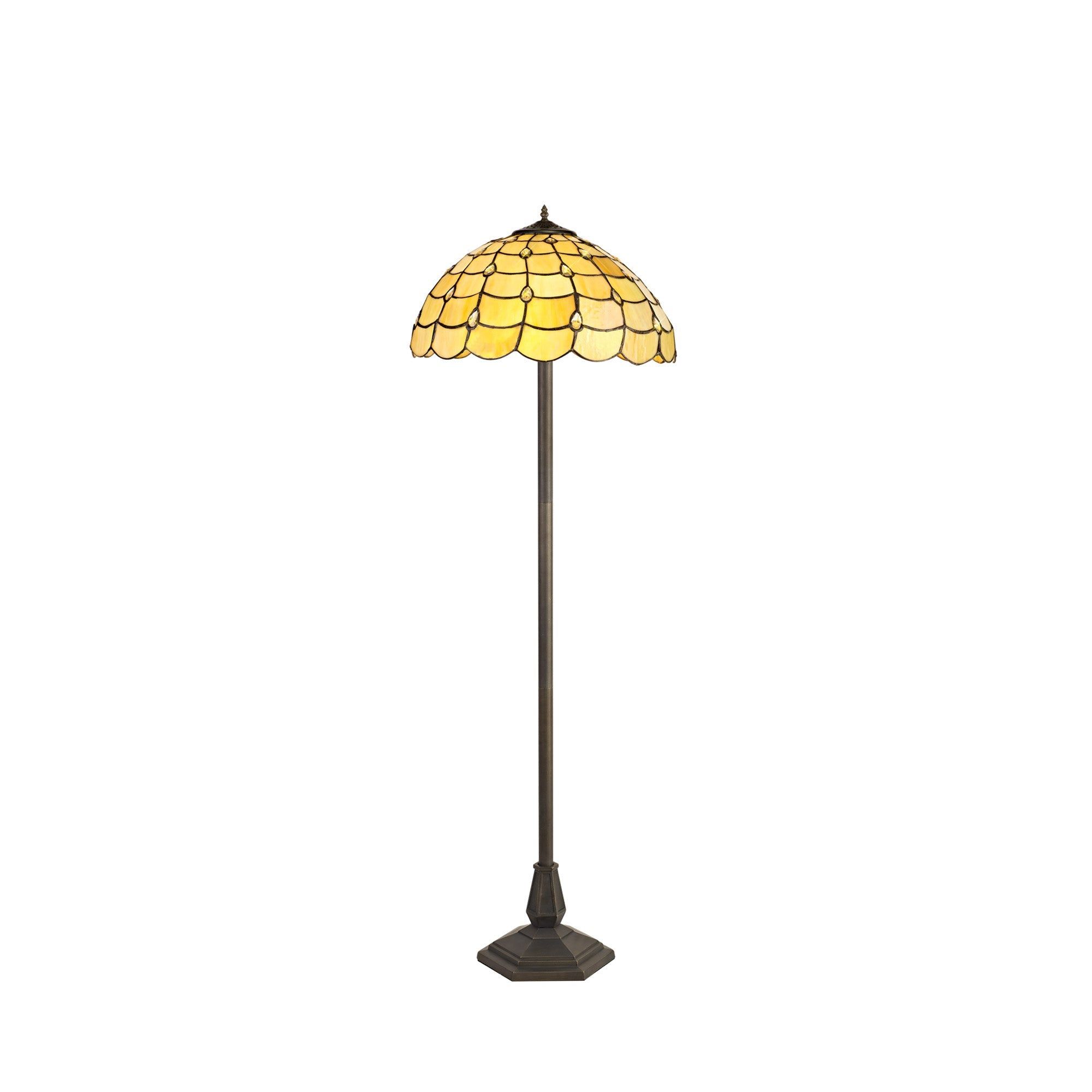 Aero 2 Light Leaf Design Floor Lamp E27 With 40cm Tiffany Shade, Beige/Clear Crystal/Aged Antique Brass