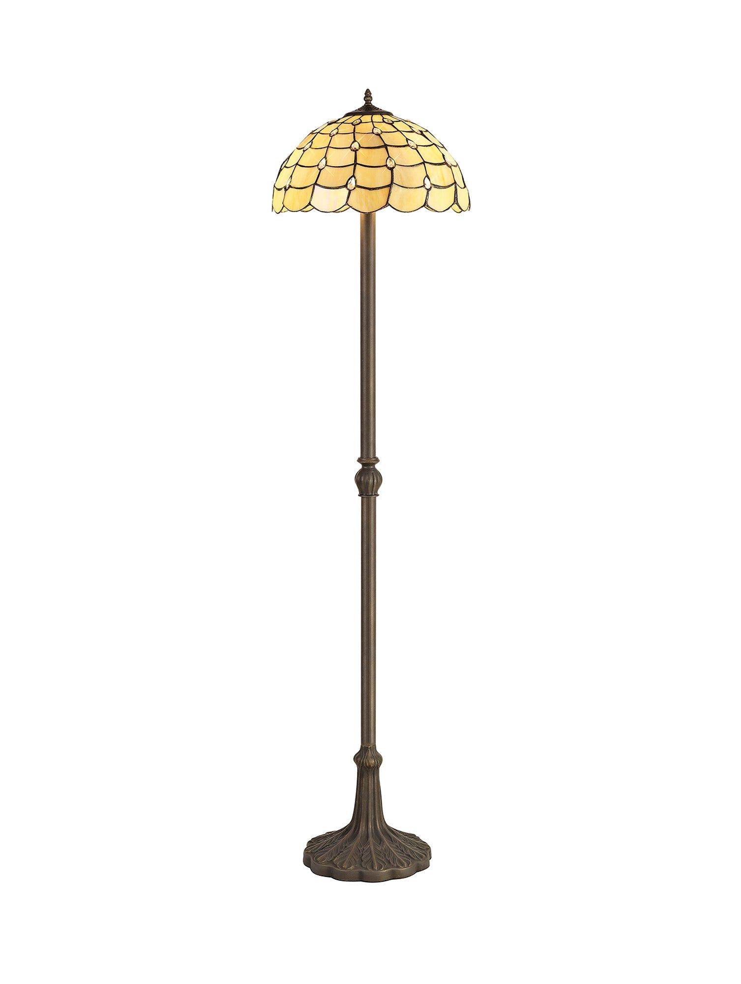 Aero 2 Light Leaf Design Floor Lamp E27 With 40cm Tiffany Shade, Beige/Clear Crystal/Aged Antique Brass