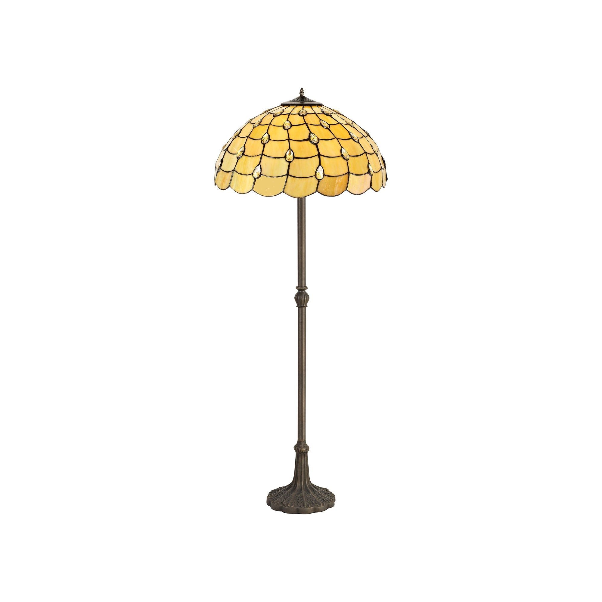 Aero 2 Light Leaf Design Floor Lamp E27 With 40cm Tiffany Shade, Beige/Clear Crystal/Aged Antique Brass