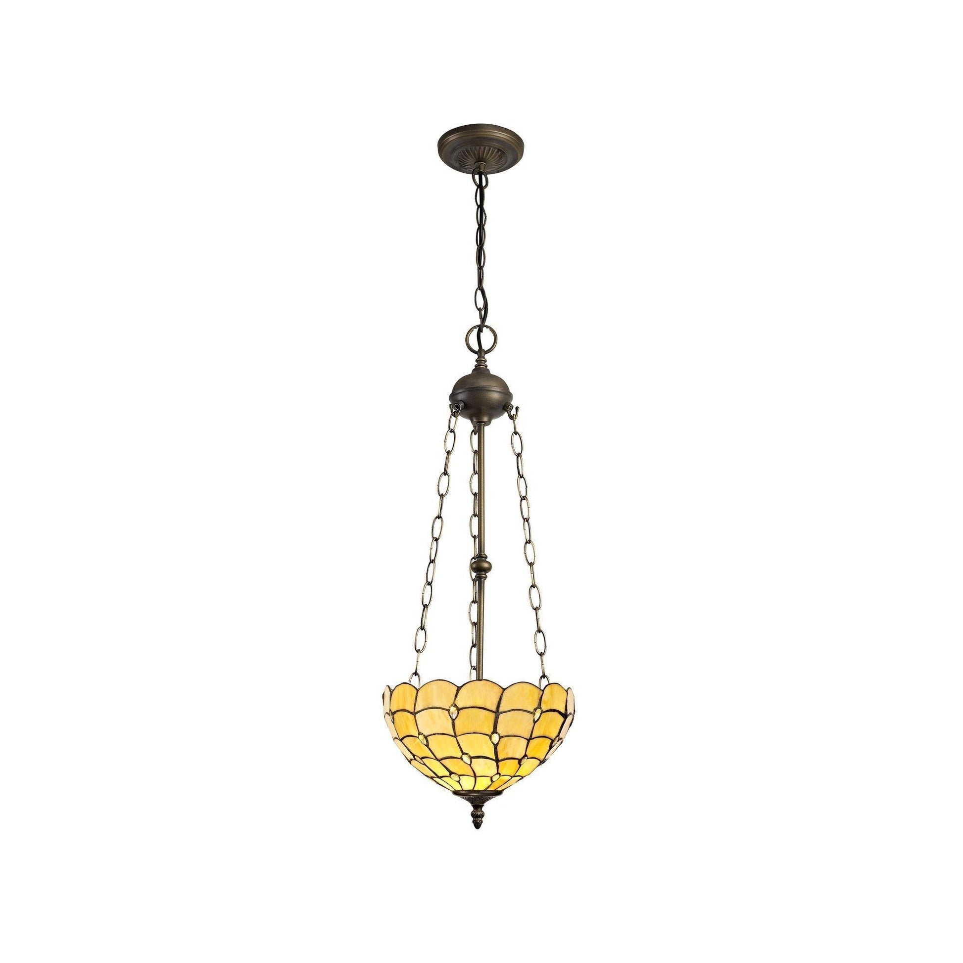 Aero 2 Light Uplighter Pendant E27 With 30cm Tiffany Shade, Beige/Clear Crystal/Aged Antique Brass