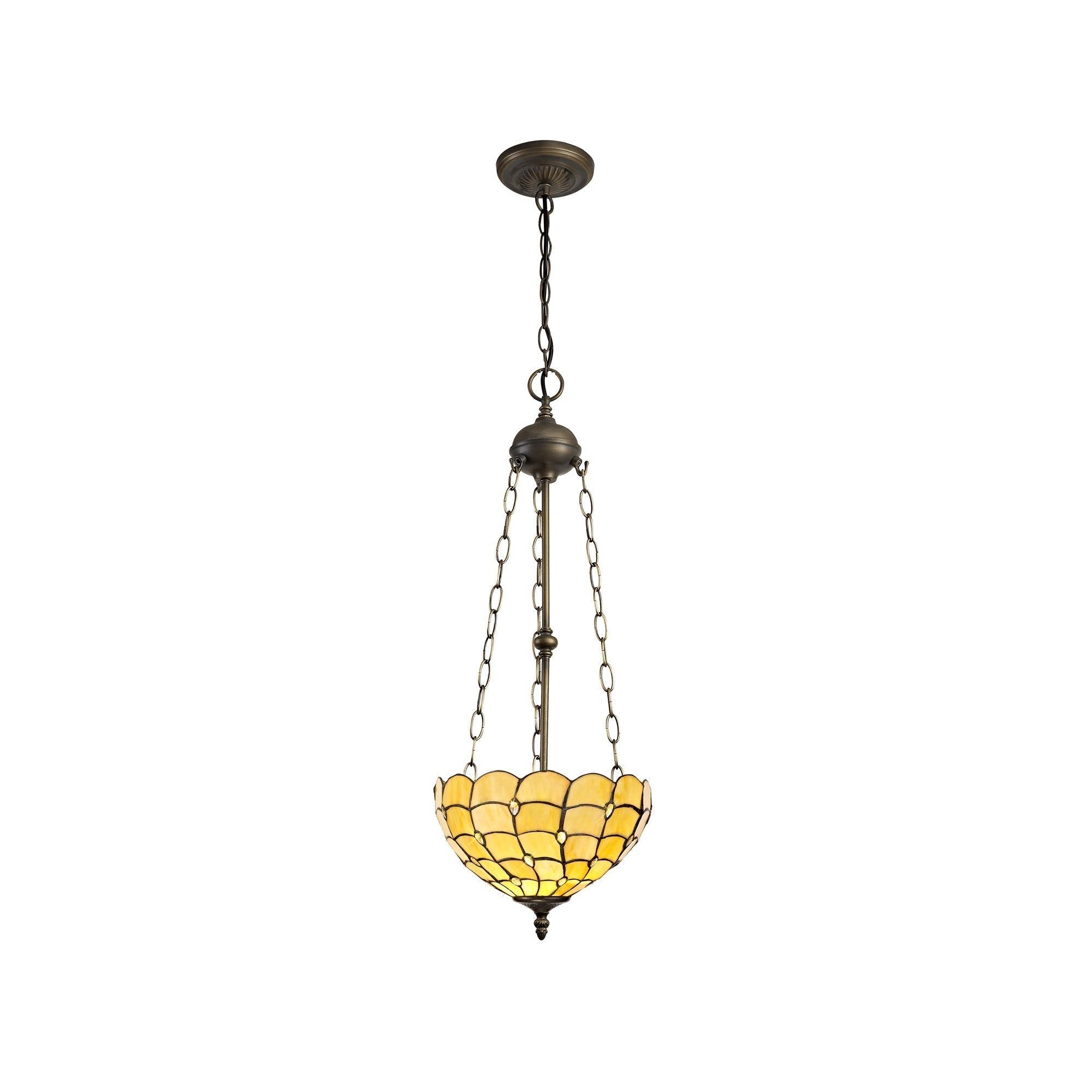 Aero 2 Light Uplighter Pendant E27 With 30cm Tiffany Shade, Beige/Clear Crystal/Aged Antique Brass