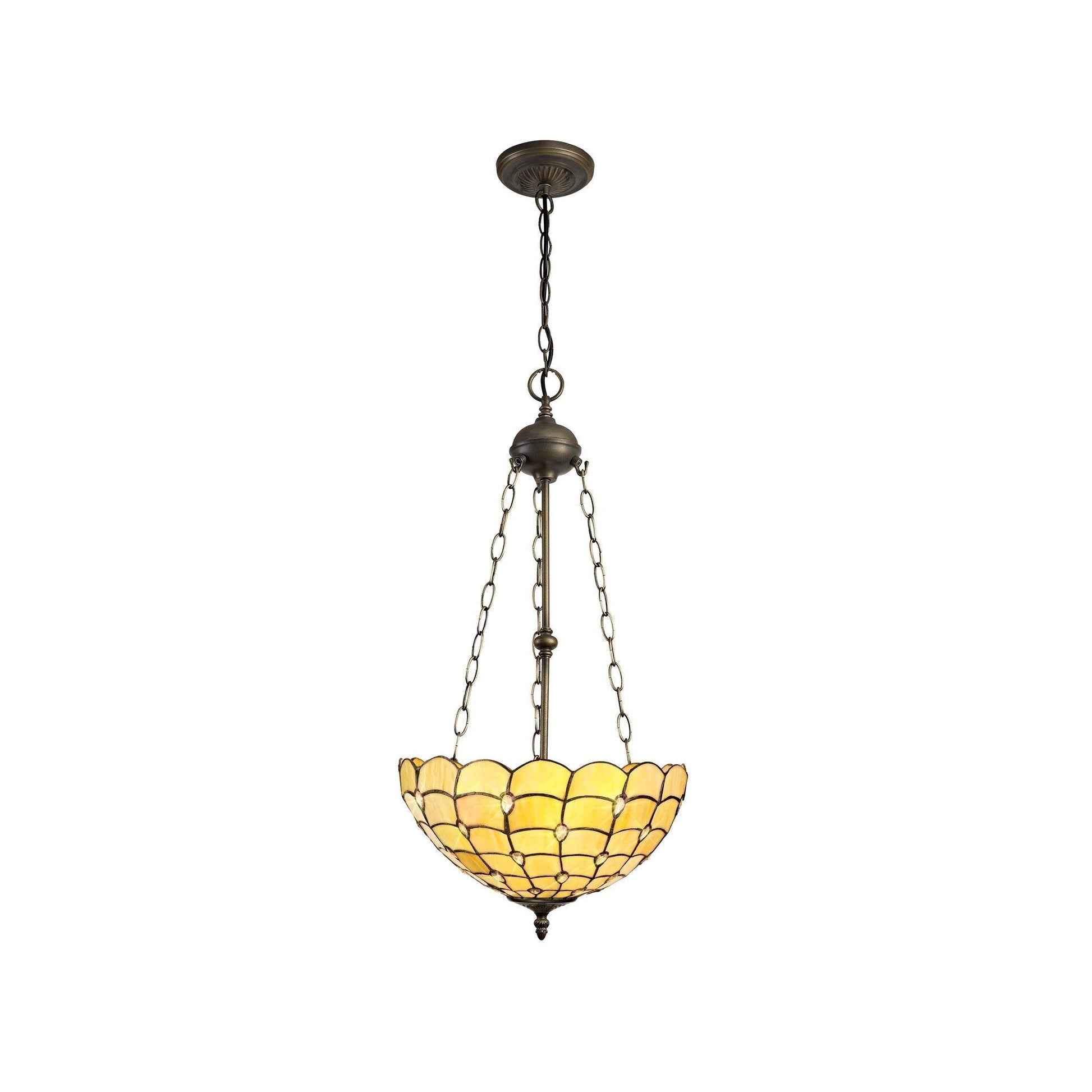 Aero 2 Light Uplighter Pendant E27 With 30cm Tiffany Shade, Beige/Clear Crystal/Aged Antique Brass