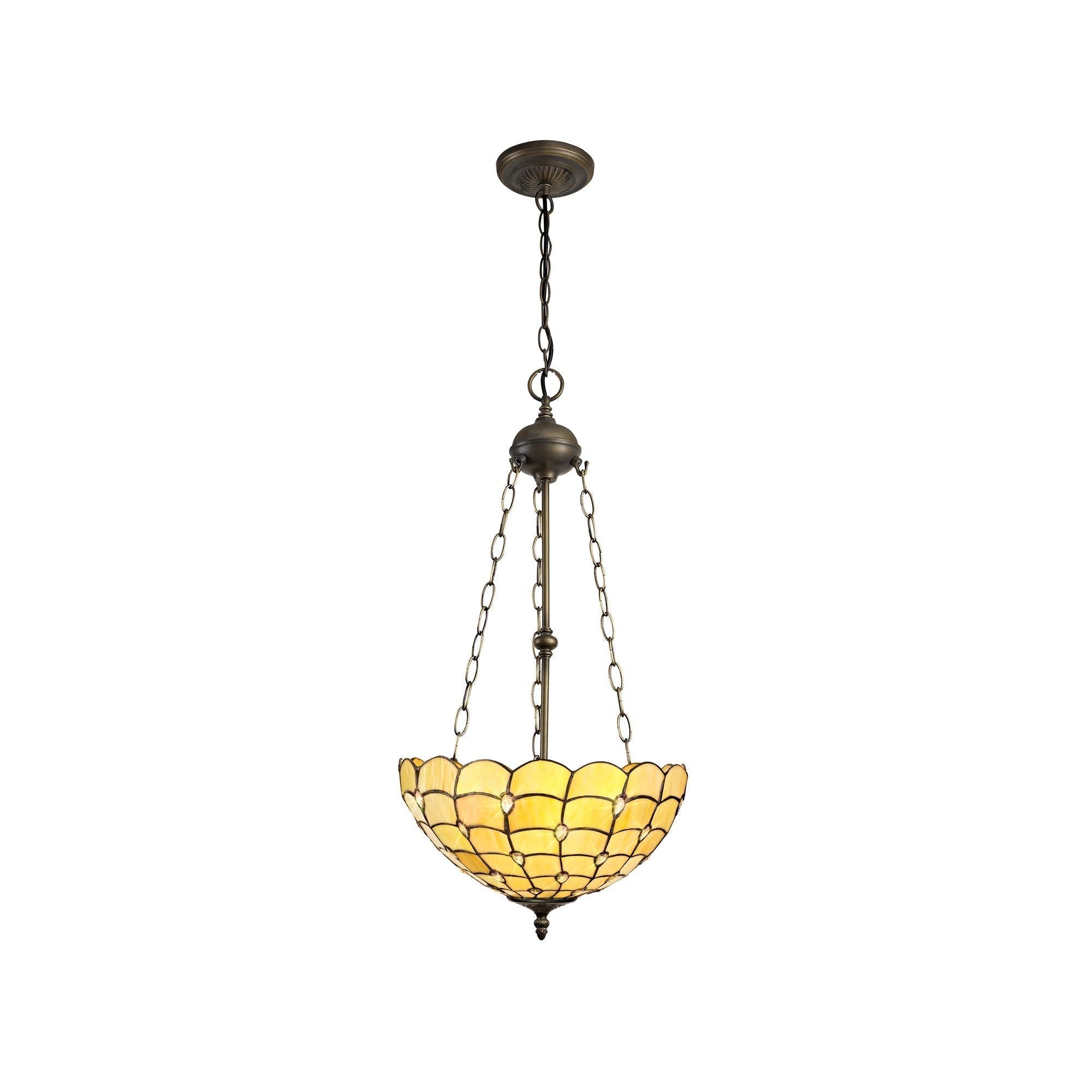 Aero 2 Light Uplighter Pendant E27 With 30cm Tiffany Shade, Beige/Clear Crystal/Aged Antique Brass