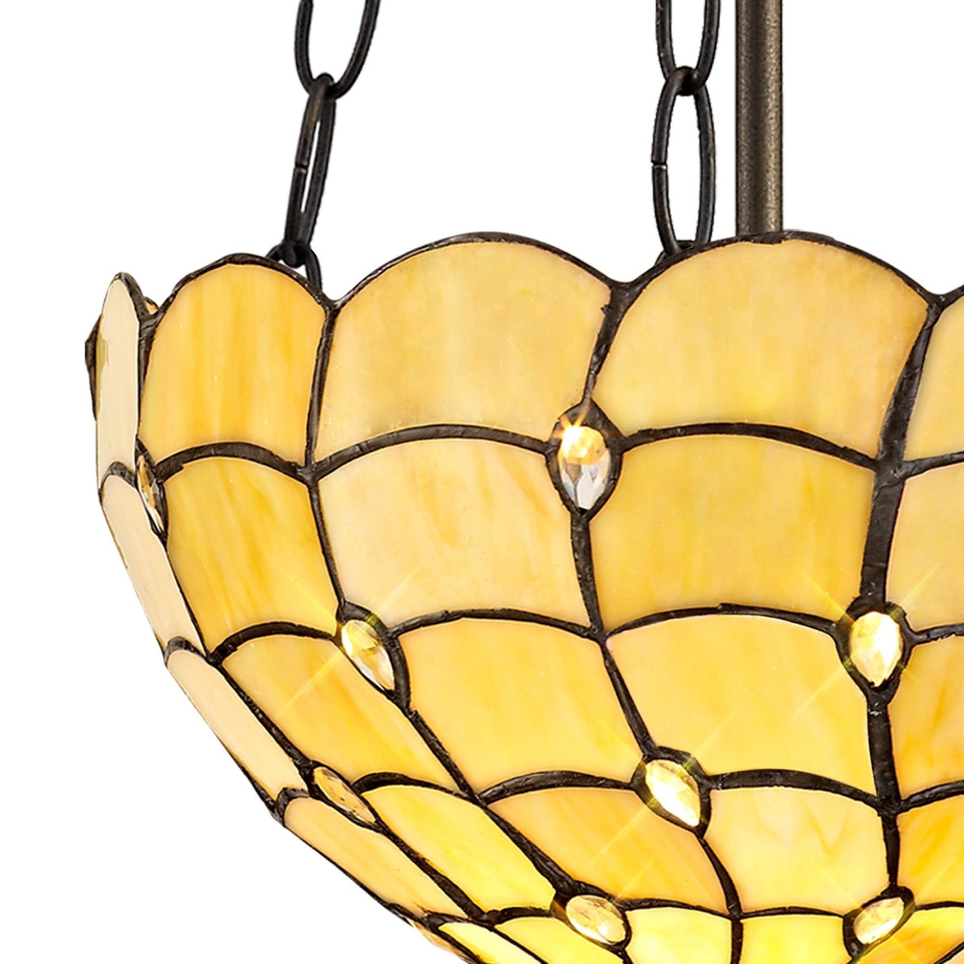 Aero 2 Light Uplighter Pendant E27 With 30cm Tiffany Shade, Beige/Clear Crystal/Aged Antique Brass - Cusack Lighting