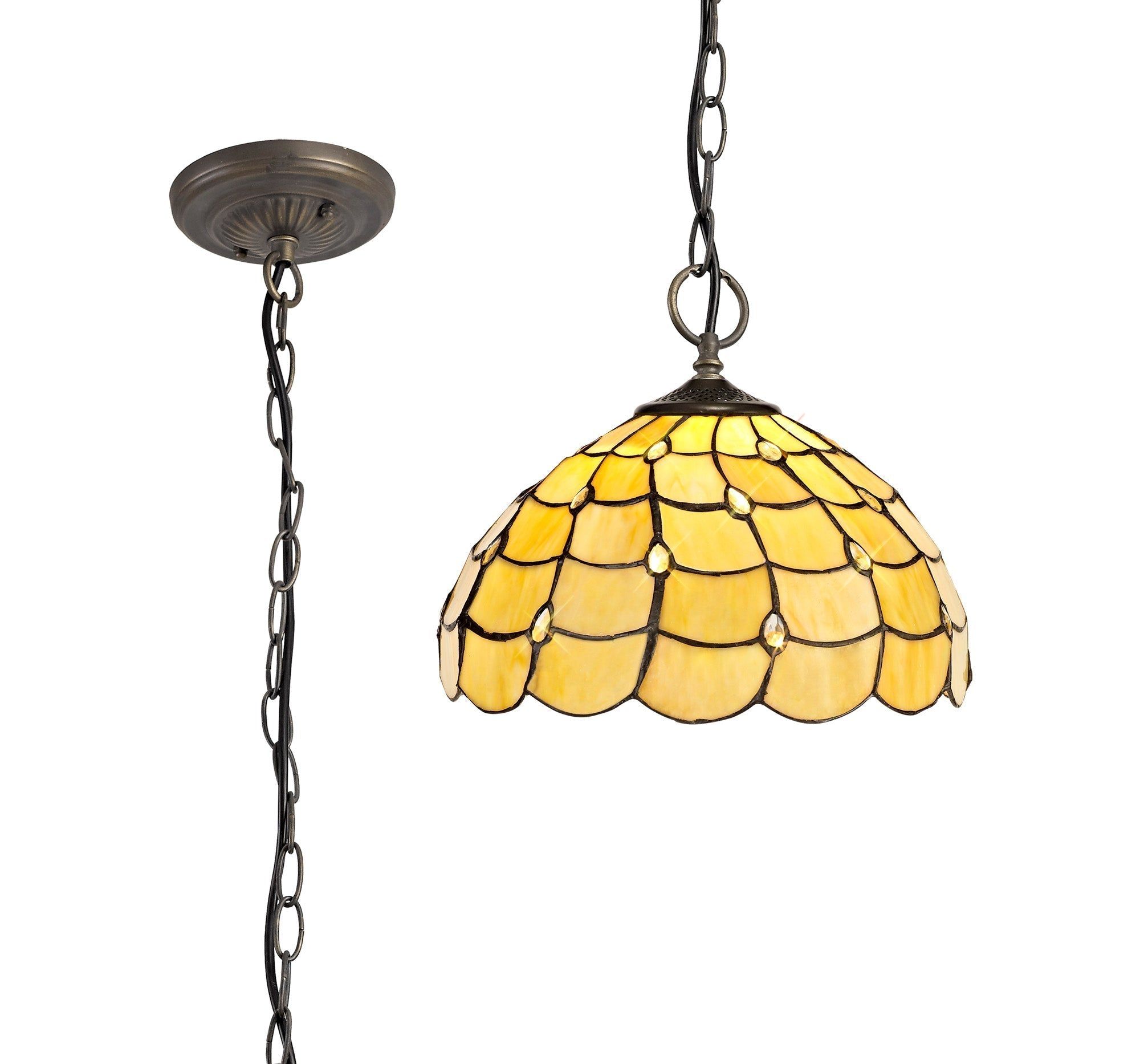 Aero 3 Light Downlighter Pendant E27 With 30cm Tiffany Shade, Beige/Clear Crystal/Aged Antique Brass - Cusack Lighting