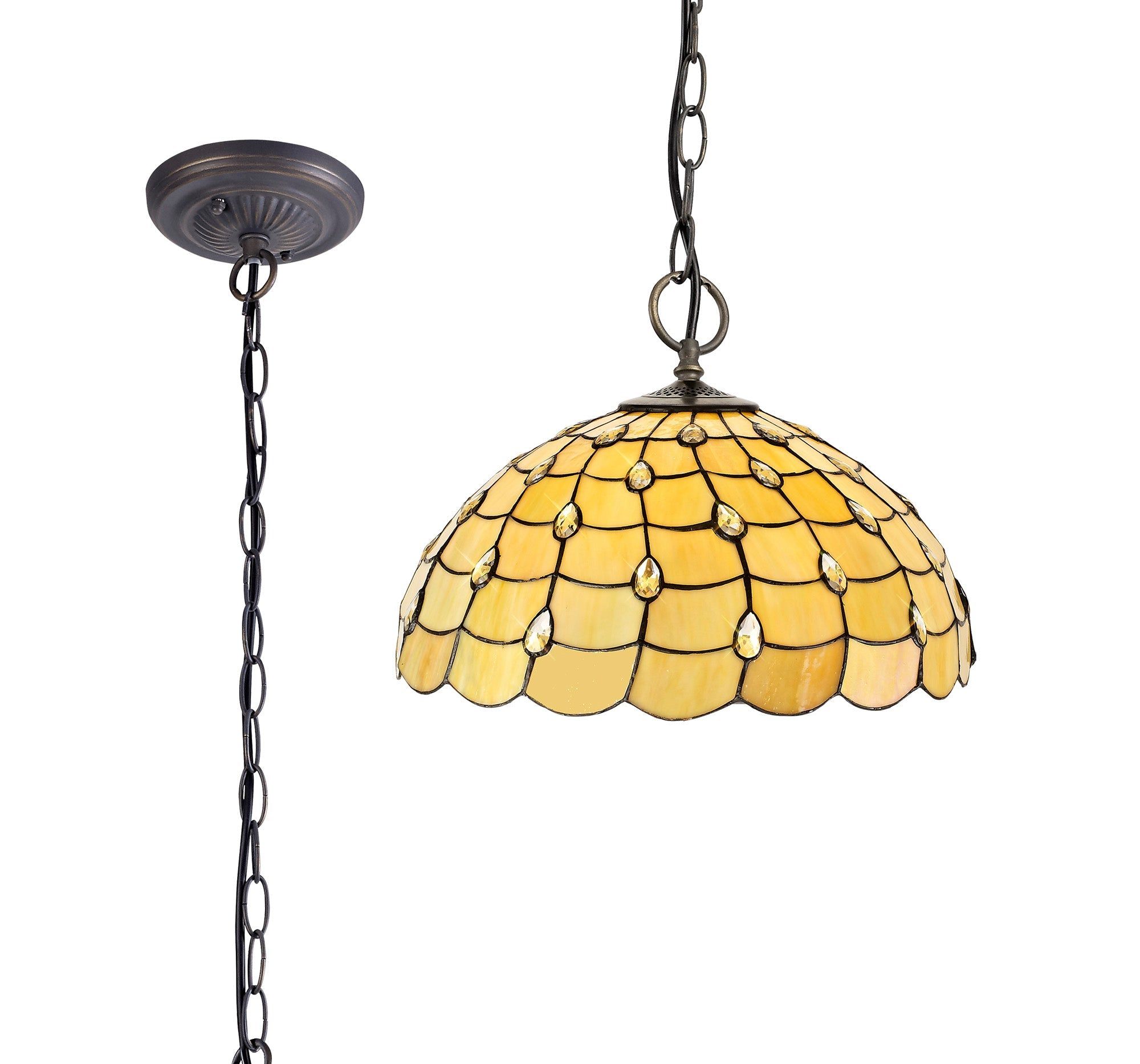 Aero 3 Light Downlighter Pendant E27 With 30cm Tiffany Shade, Beige/Clear Crystal/Aged Antique Brass - Cusack Lighting