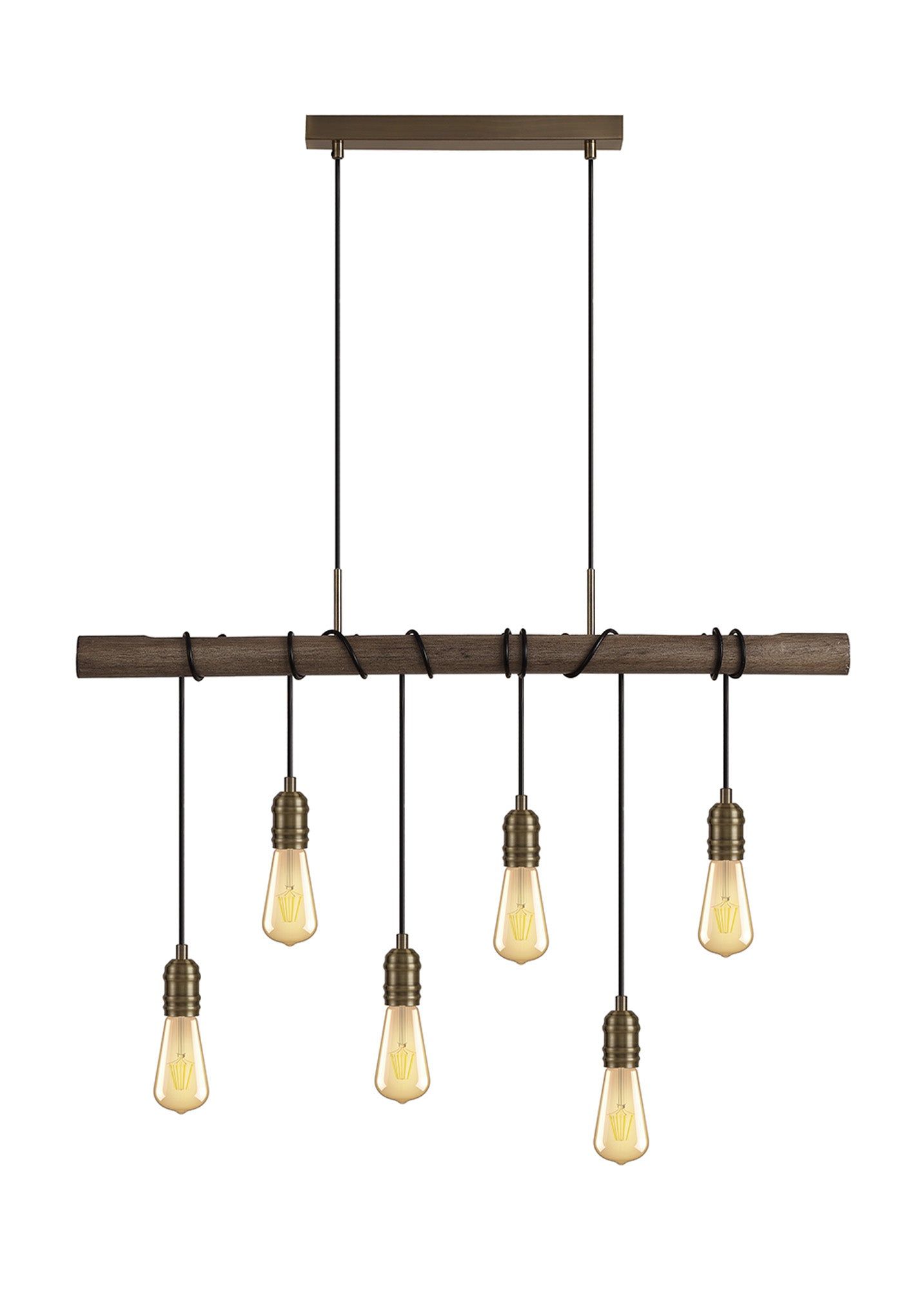 Ambover Kitchen Table/Island Ceiling Light, 6Lt x E27, Medium Oak & Antique Brass, IP20