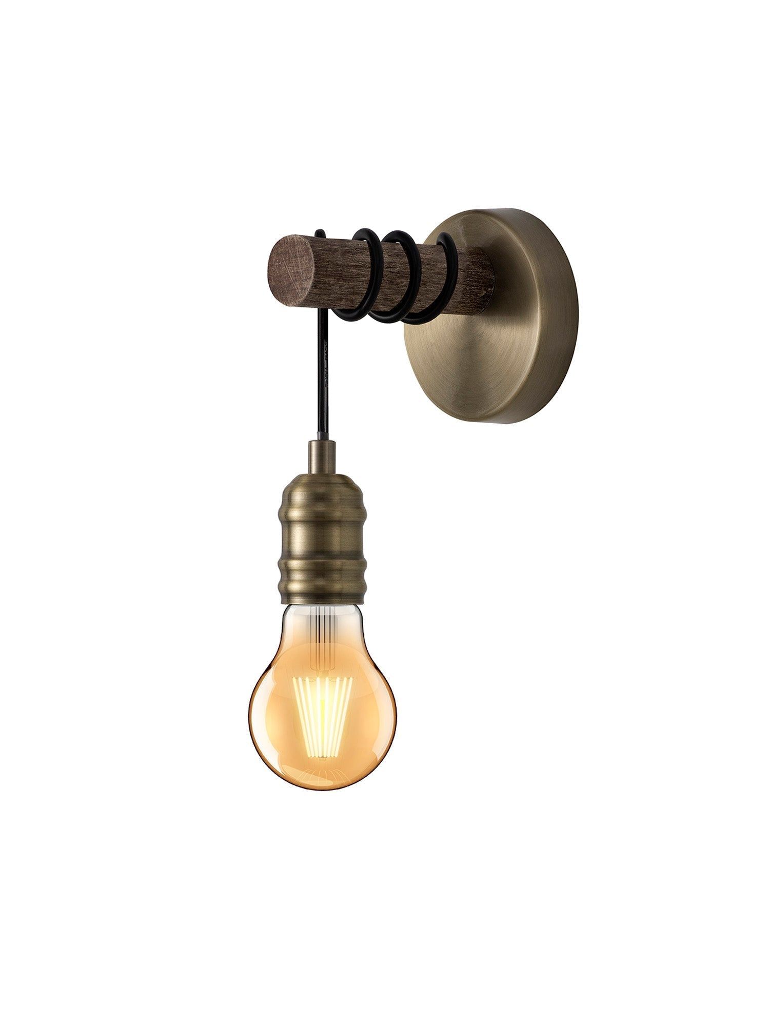 Ambover Wall Lamp, 1 x E27, Medium Oak & Antique Brass IP20