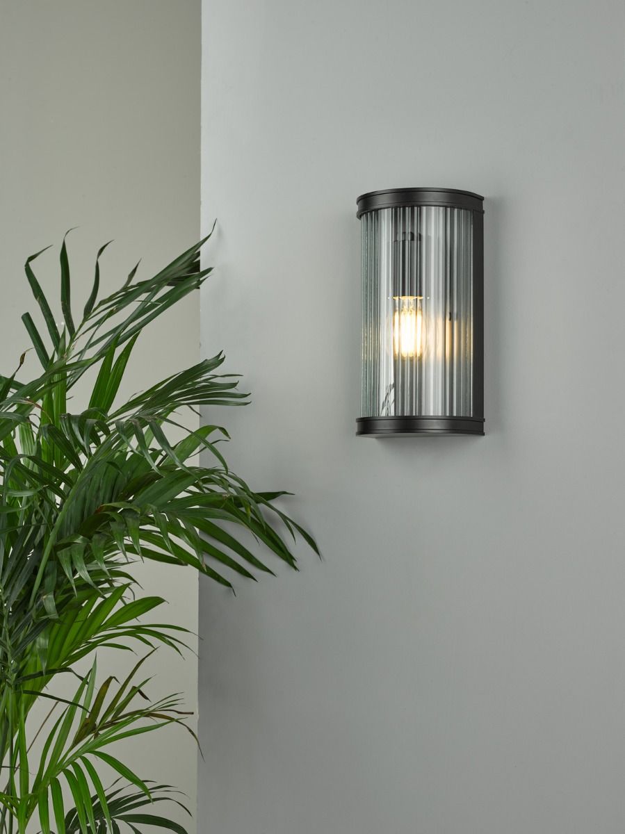 Anund Wall Light Matt Black Ribbed Glass IP44