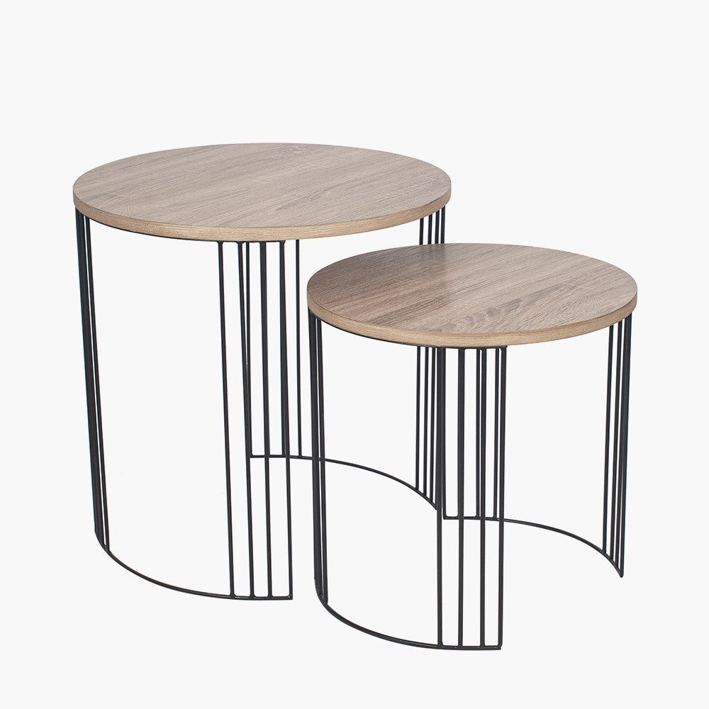 S/2 Atri Metal Round Side Tables- Dark Wood and Black Finish
