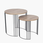 S/2 Atri Metal Round Side Tables- Dark Wood and Black Finish