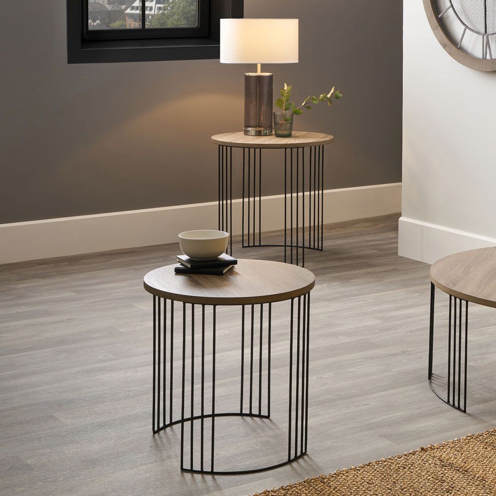 S/2 Atri Metal Round Side Tables- Dark Wood and Black Finish