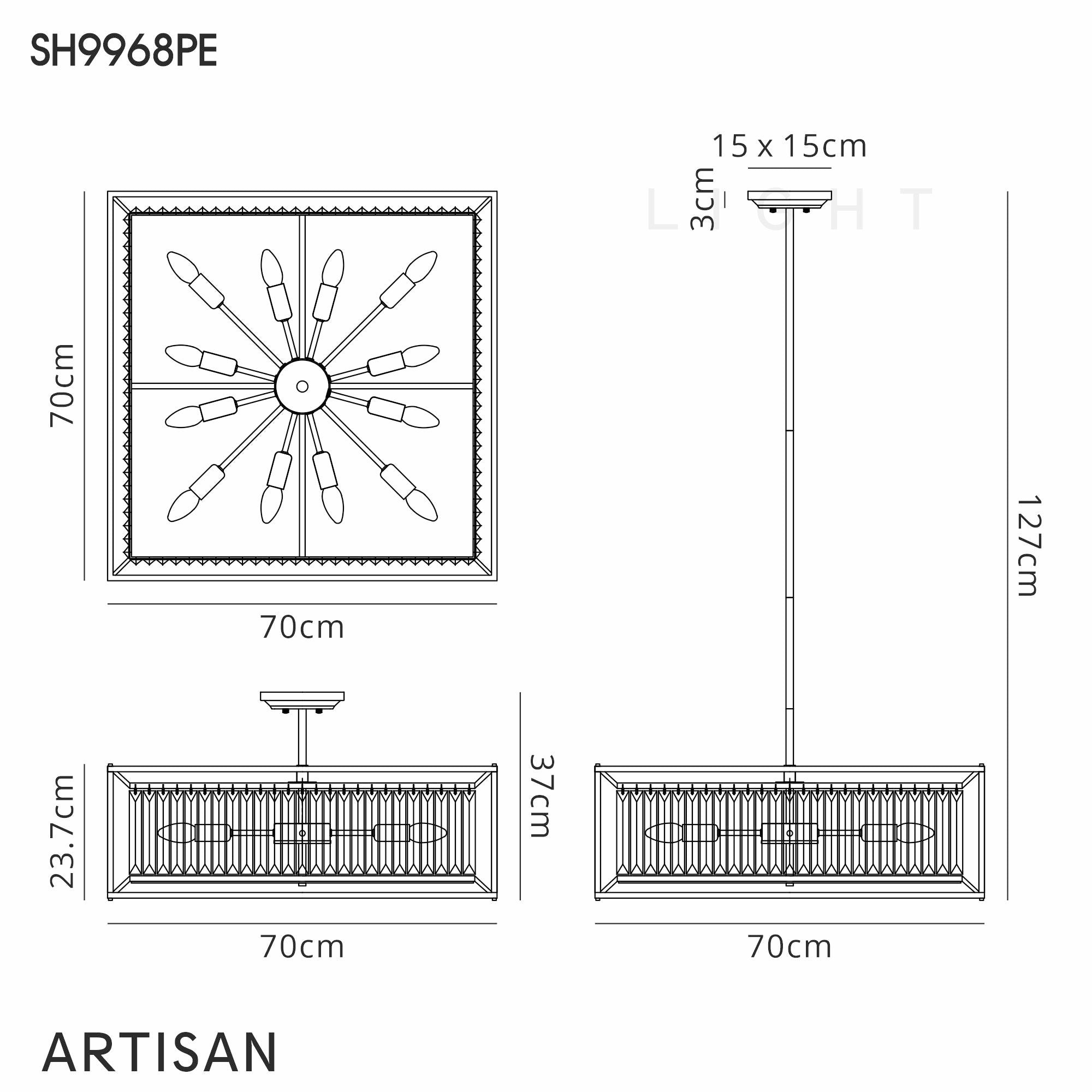 Attica Fixed Crystal Centre Ceiling Light/Semi Flush Light, 4/6/12Lt x E14, Pewter  &  Clear  &  Grain Glass