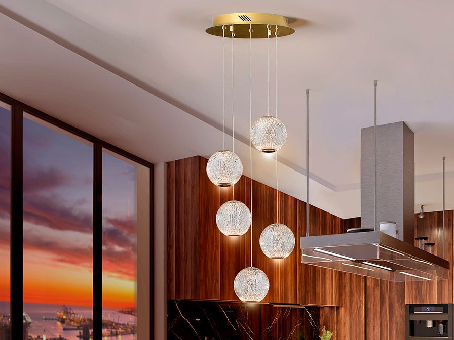 Austral 5 Clusters Ceiling Lights - Gold & Clear Finish