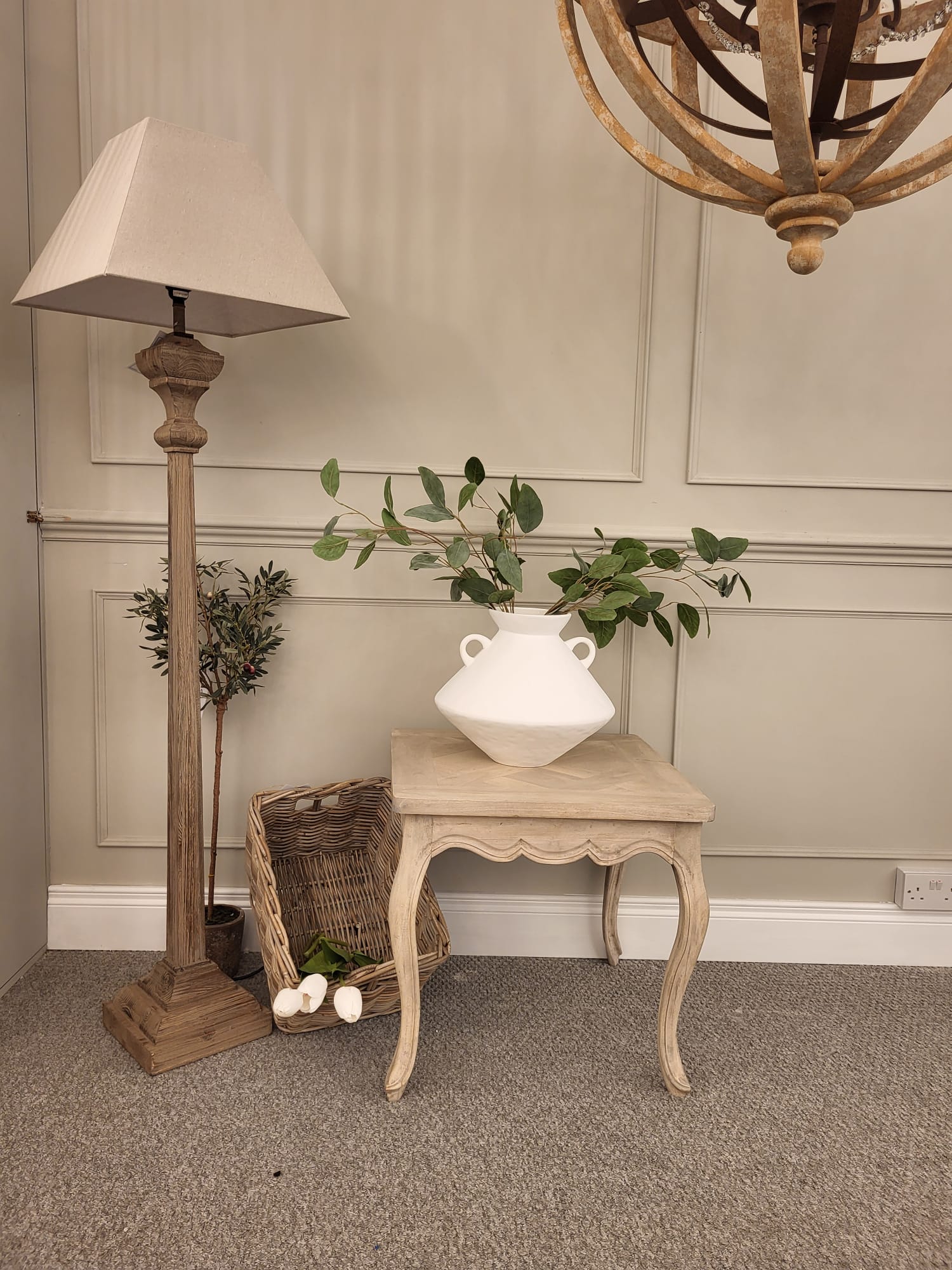 Prism Slim Wooden Carved Floor Lamp with Linen Shade E27