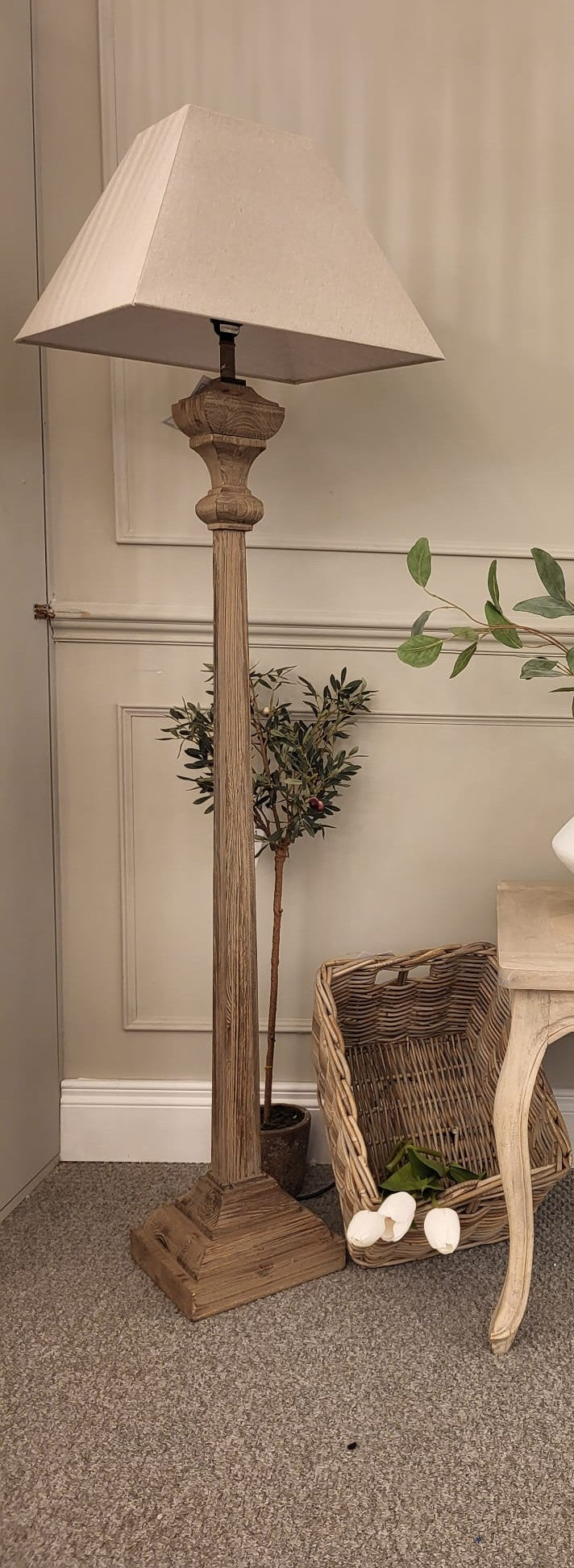Prism Slim Wooden Carved Floor Lamp with Linen Shade E27