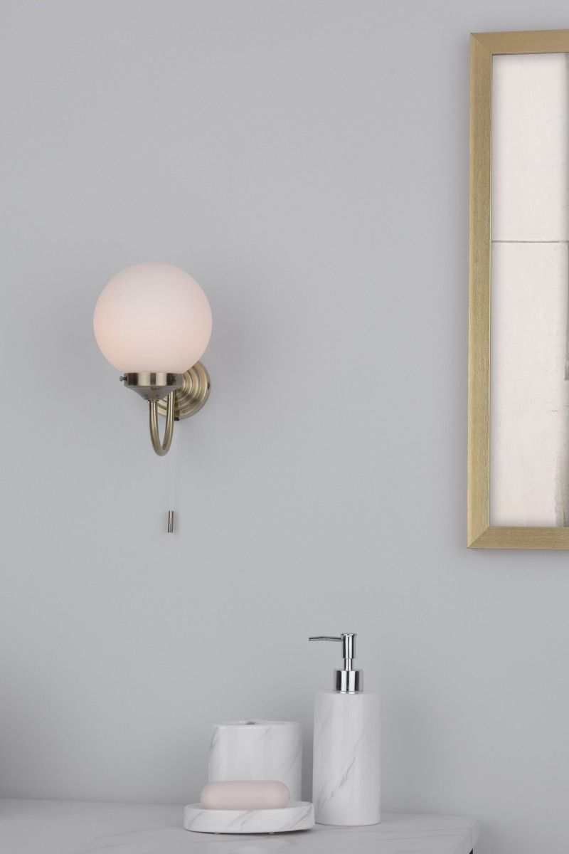 Barclay Bathroom Wall Light Antique Brass/Polished Chrome Opal Glass IP44