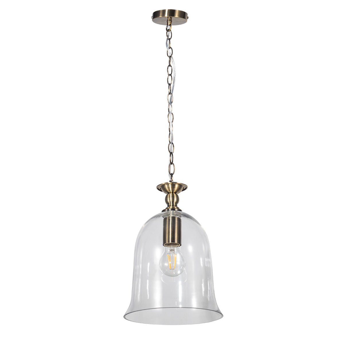 Bell 3Lt Light Clear Glass Pendant Antique Brass - Promotional Offer
