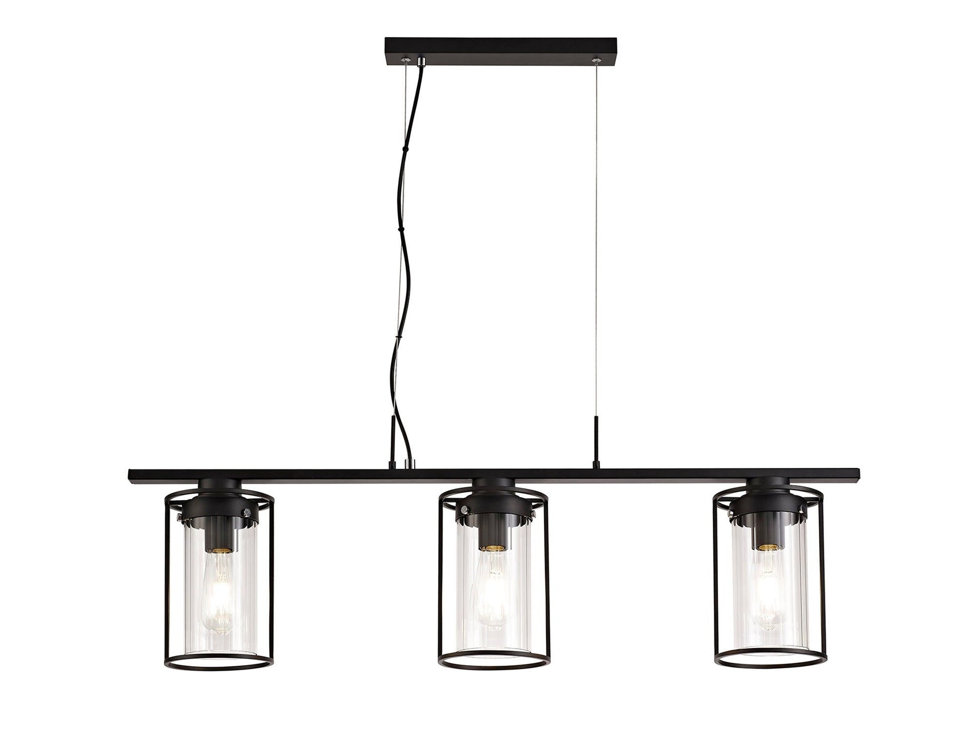 Beres Linear Pendant, 3 Light E27, Black/Clear Glass