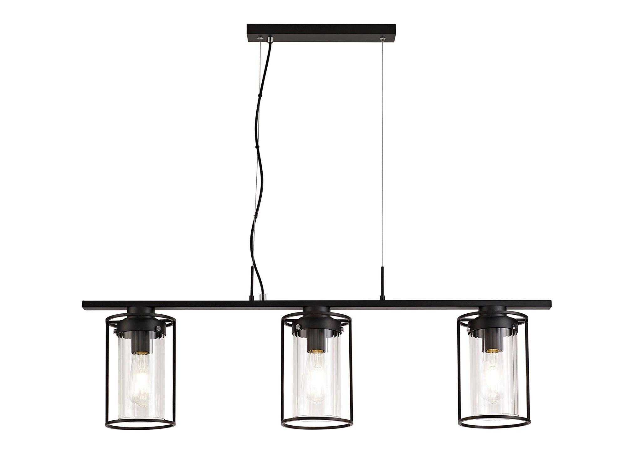 Beres Linear Pendant, 3 Light E27, Black/Clear Glass