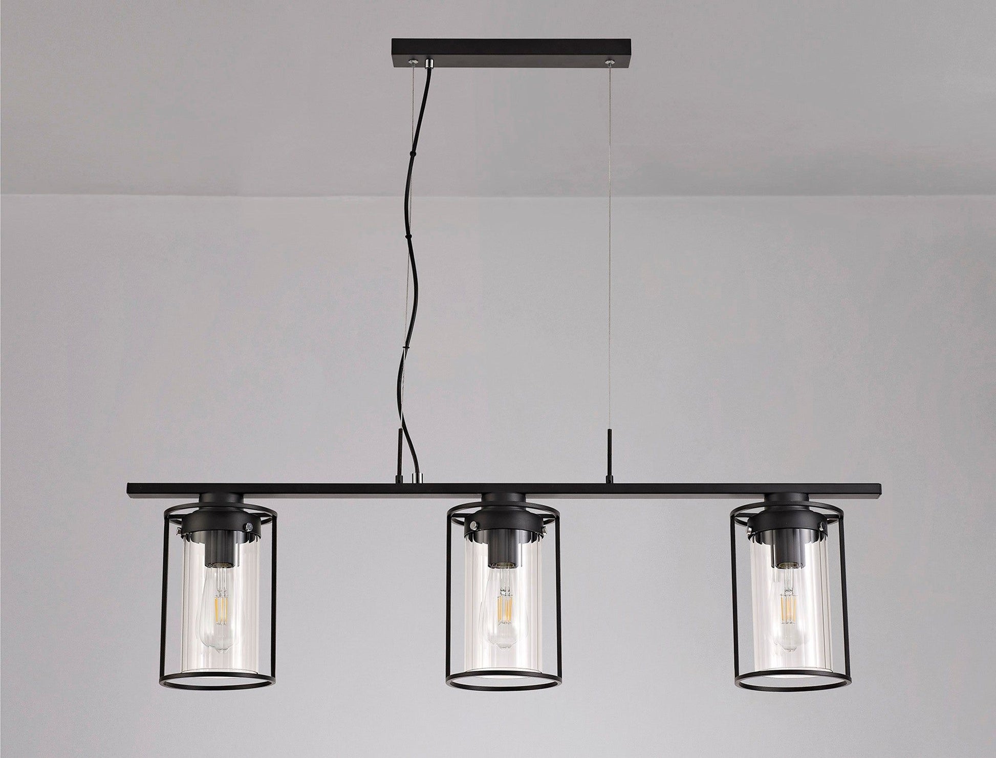 Beres Linear Pendant, 3 Light E27, Black/Clear Glass