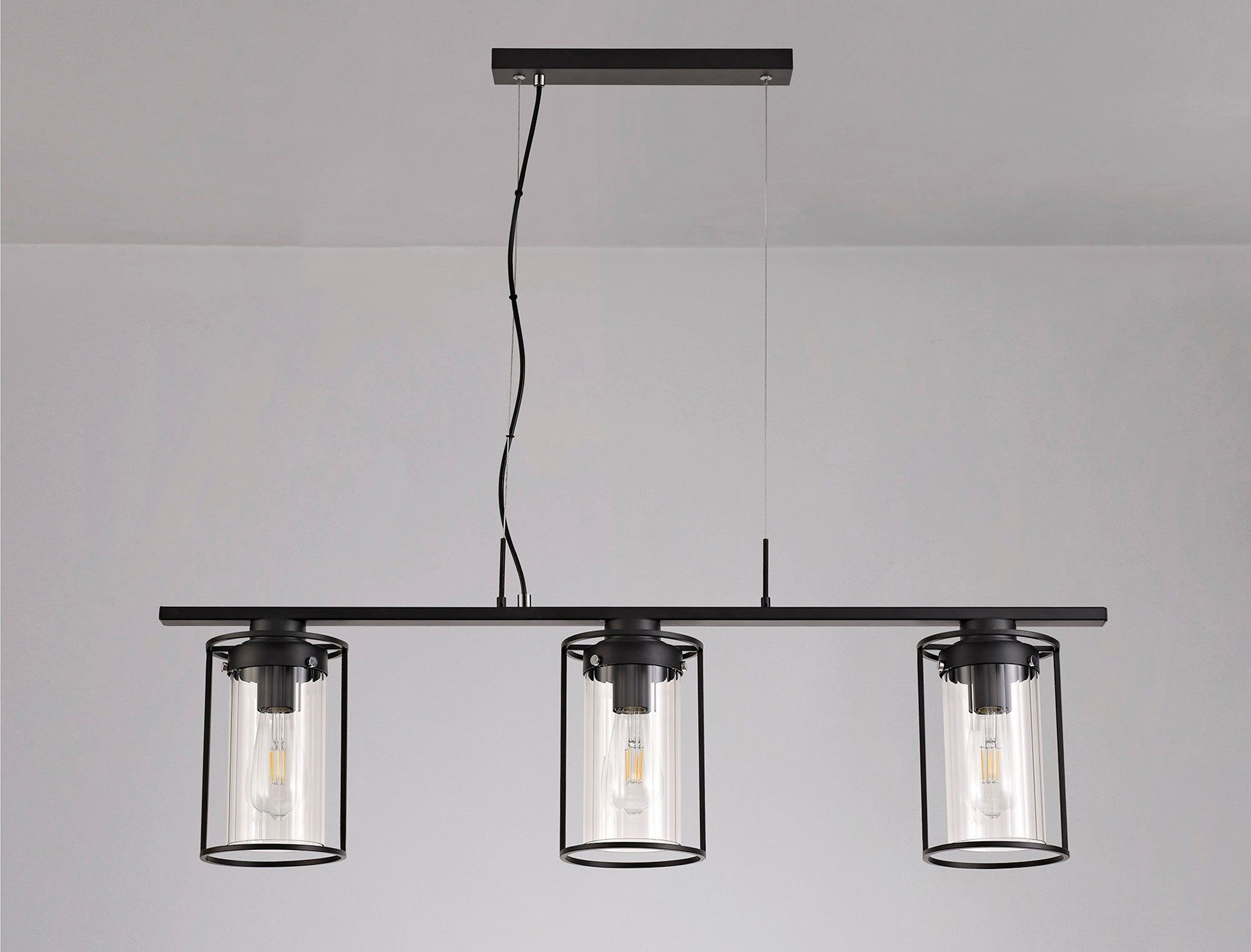 Beres Linear Pendant, 3 Light E27, Black/Clear Glass