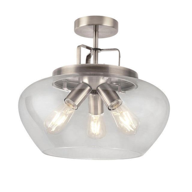 Boule 3 Light Bronze/Satin Silver and Clear Glass Semi Flush Ceiling Light