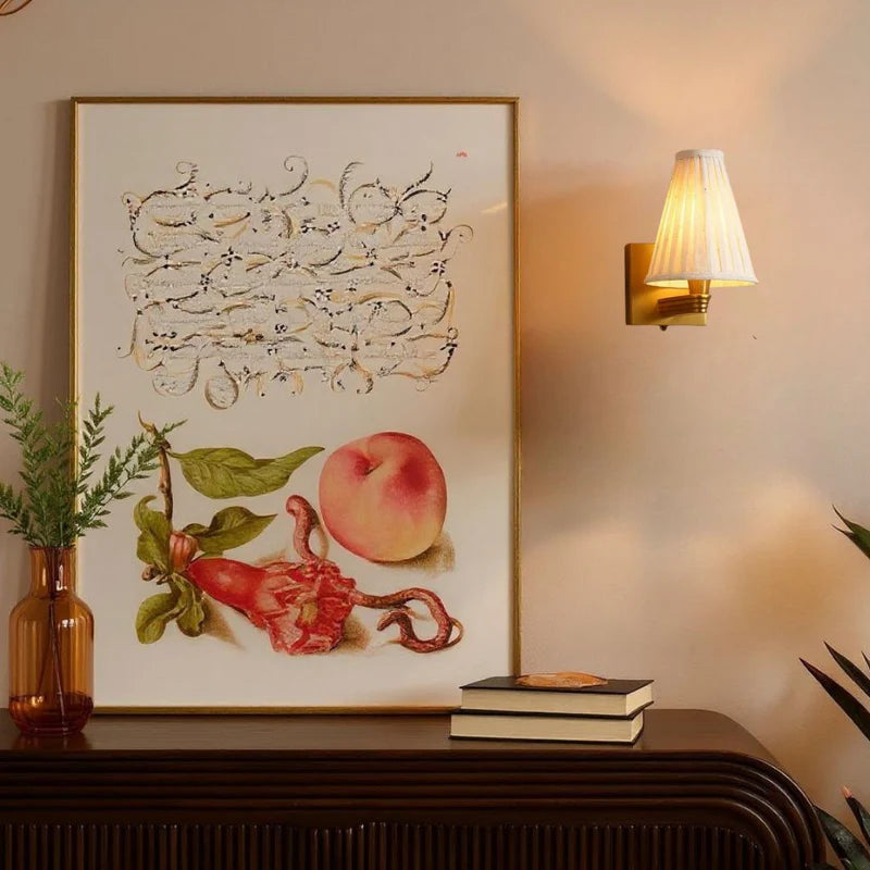 Brass Wall Lamp with Pleated Tall Empire Shade