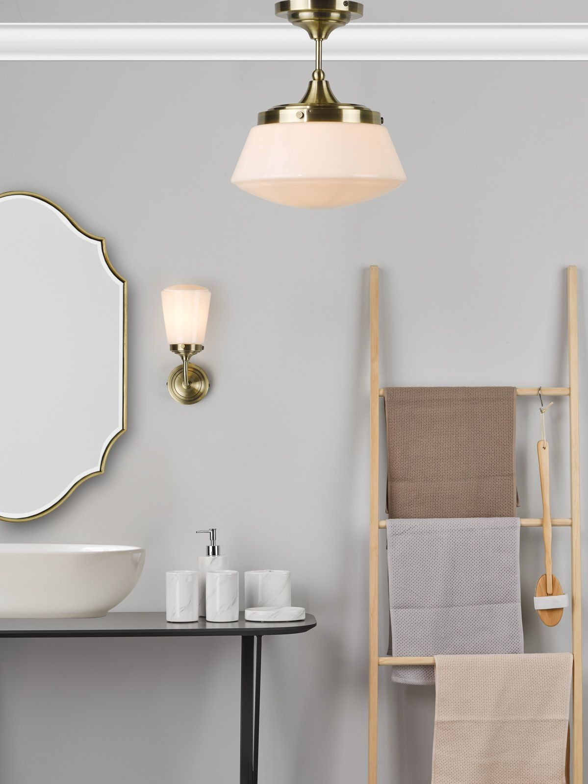 Dar Caden 1 Light Semi Flush Ceiling Light - Antique Brass & Opal Glass IP44
