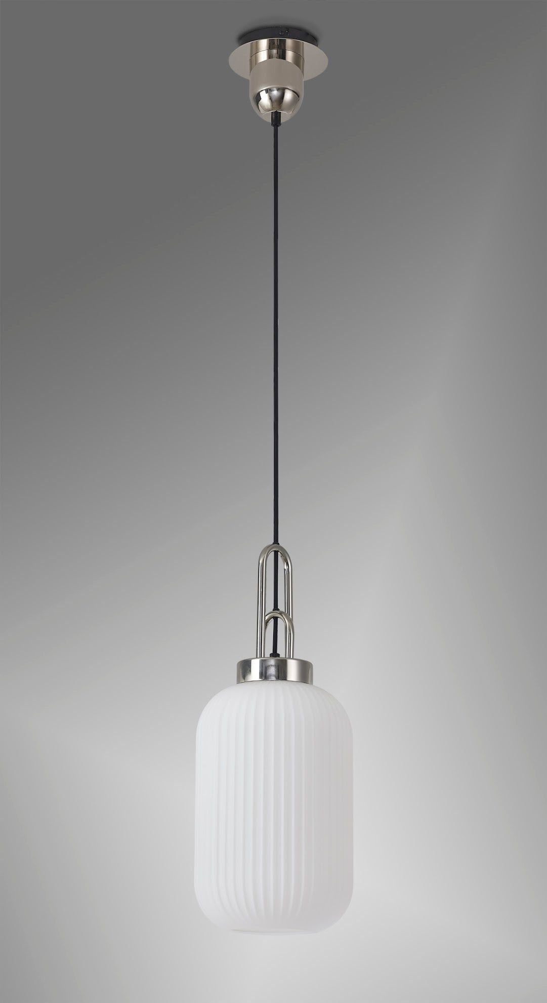 Cadiz 1 Light Pendant E27 With 20cm Tubular Ribbed Glass, Opal Polished Nickel/Matt Black