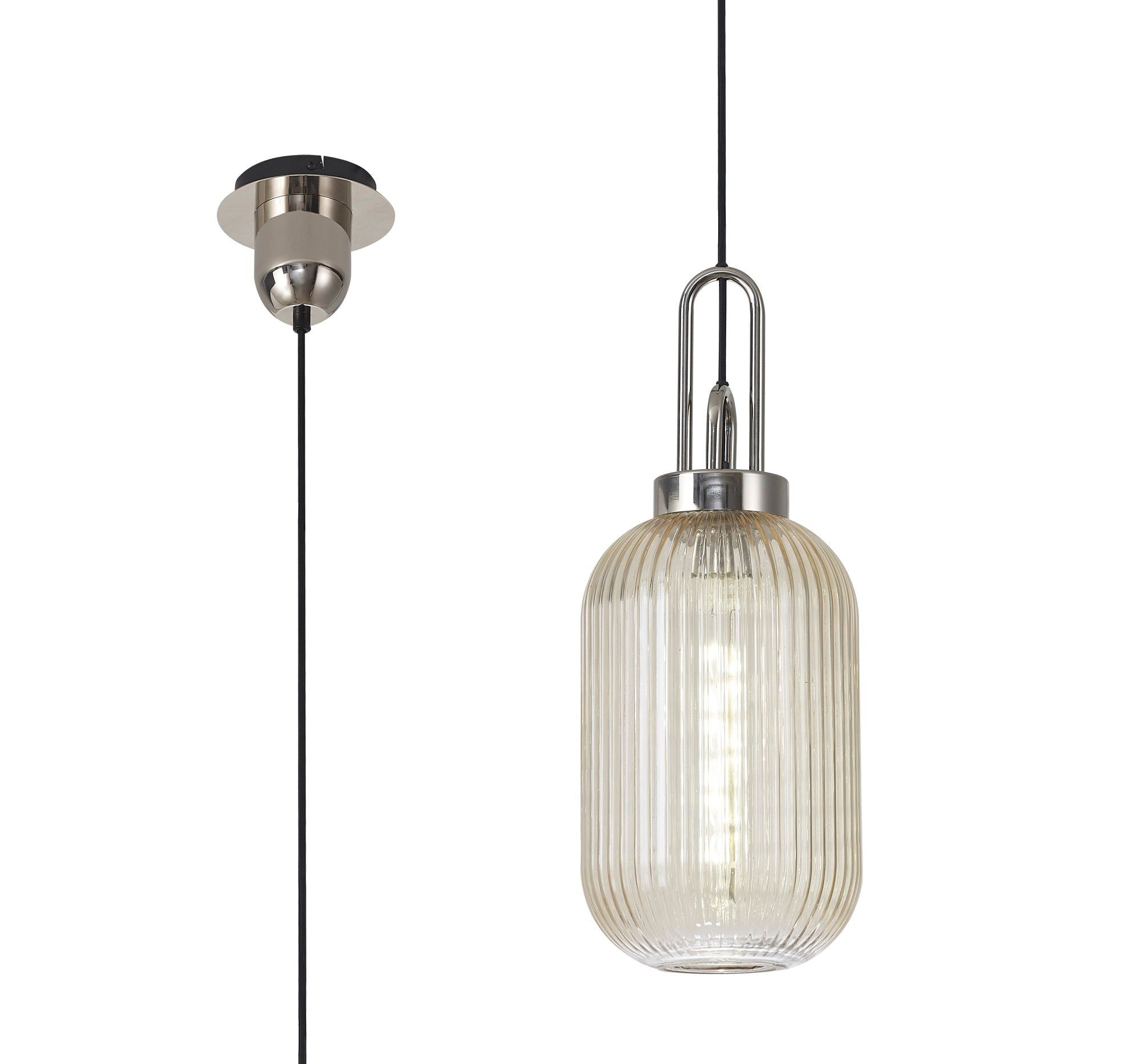 Cadiz 1 Light Pendant E27 With 20cm Tubular Ribbed Glass, Champagne Polished Nickel/Matt Black