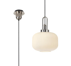 Cadiz 1 Light Pendant E27 With 30cm Pumpkin Shaped Ribbed Glass, Opal Polished Nickel/Matt Black