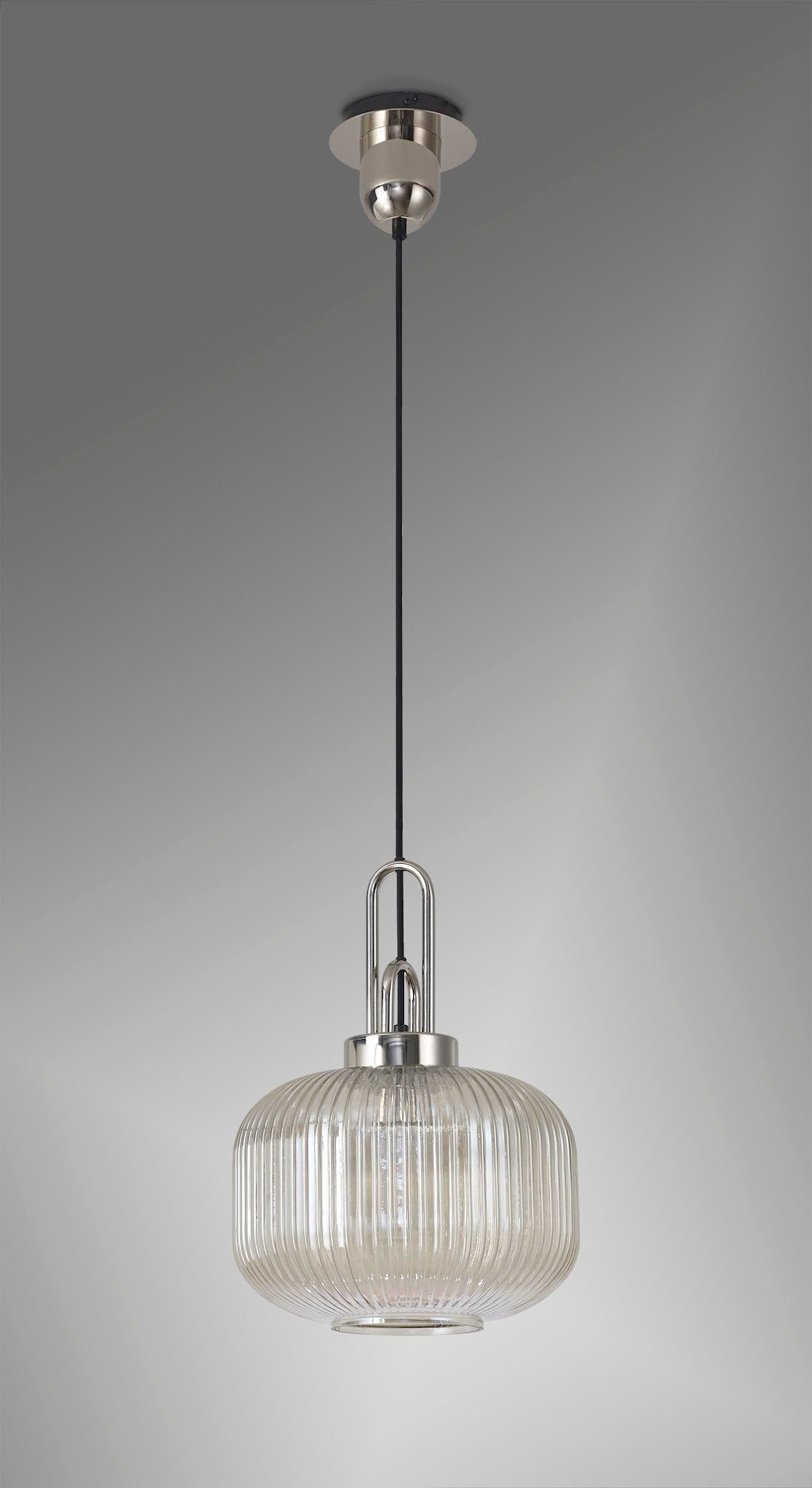 Cadiz 1 Light Pendant E27 With 30cm Pumpkin Shaped Ribbed Glass, Champagne Polished Nickel/Matt Black