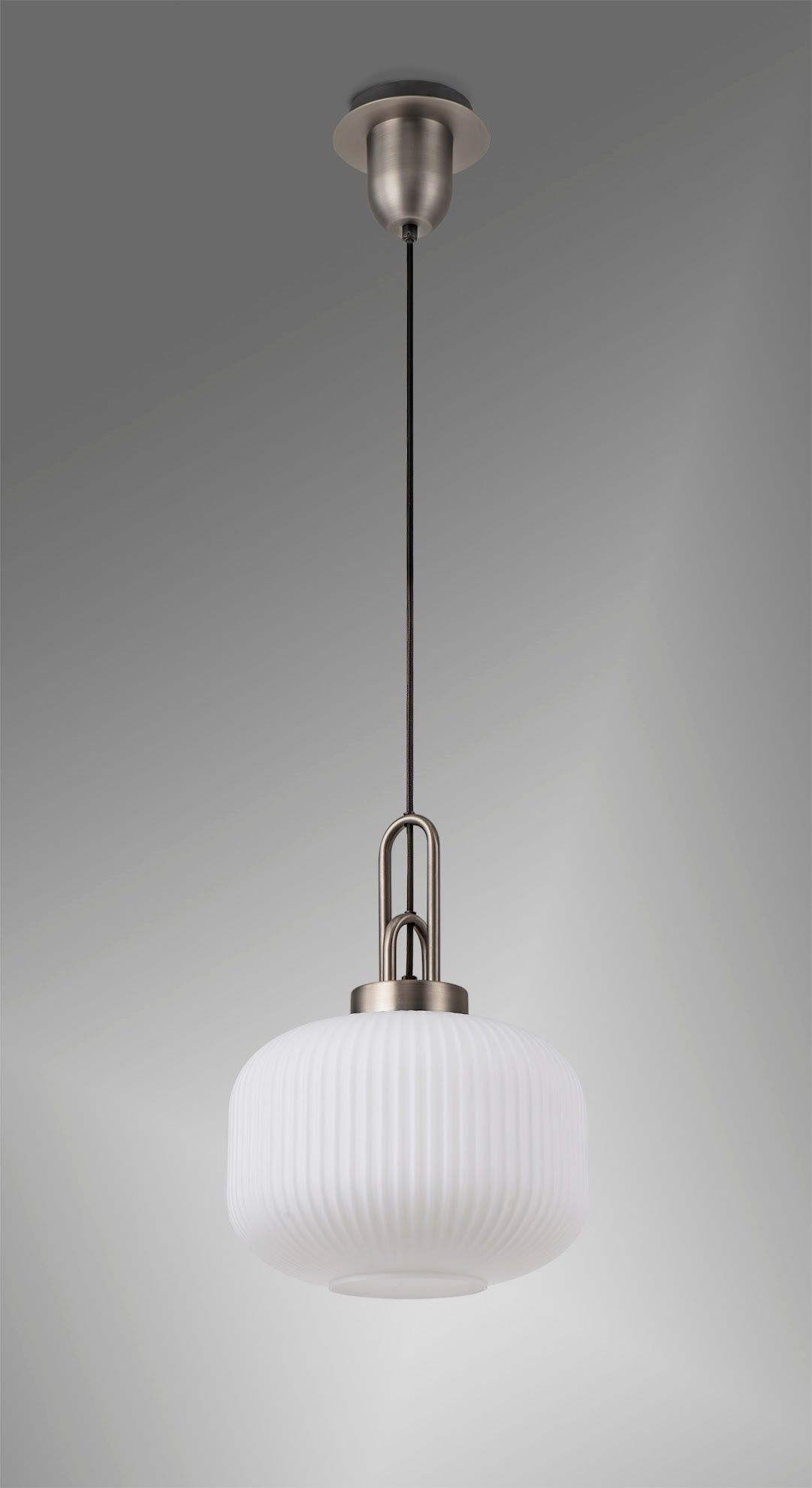 Cadiz 1 Light Pendant E27 30cm Pumpkin Shaped Ribbed Glass, Opal Antique Silver/Black