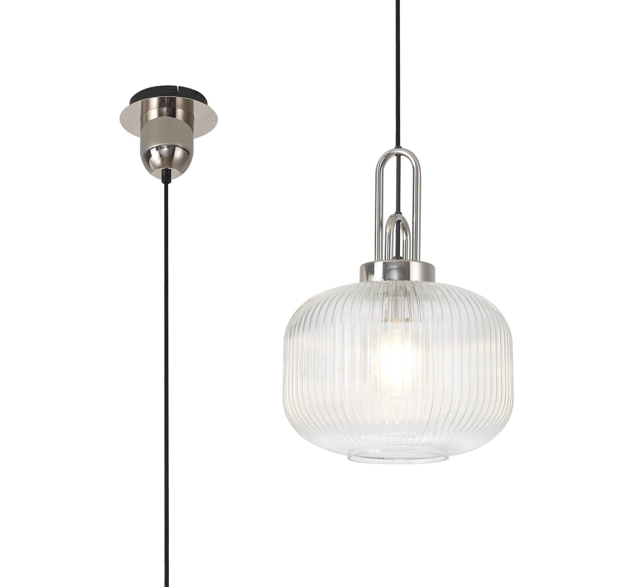 Cadiz 1 Light Pendant E27 With 30cm Pumpkin Shaped Ribbed Glass, Clear Polished Nickel/Matt Black