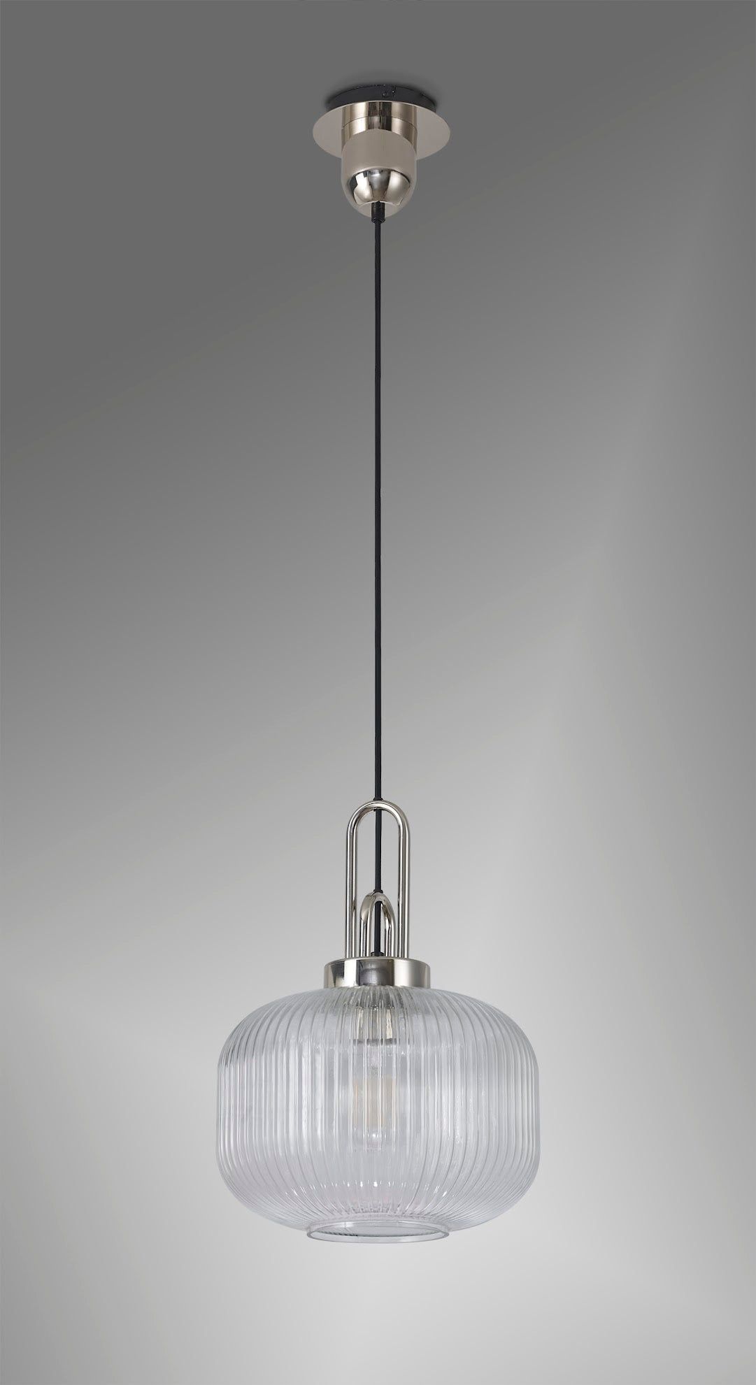 Cadiz 1 Light Pendant E27 With 30cm Pumpkin Shaped Ribbed Glass, Clear Polished Nickel/Matt Black