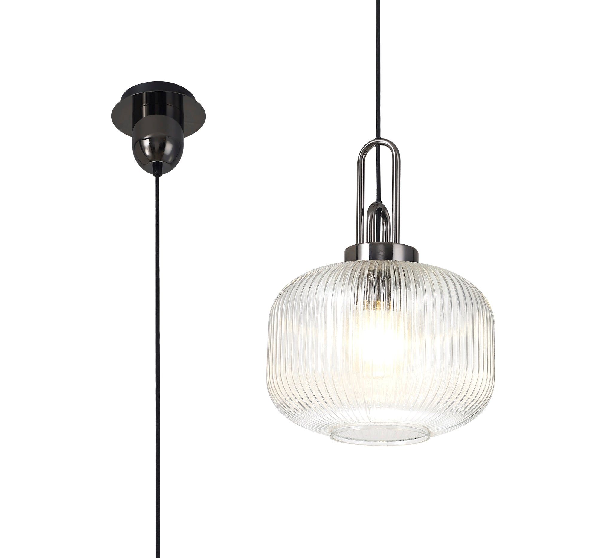 Cadiz 1 Light Pendant E27 With 30cm Pumpkin Shaped Ribbed Glass, Clear Black Chrome/Matt Black