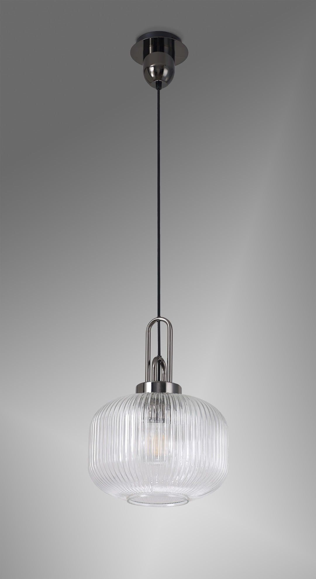 Cadiz 1 Light Pendant E27 With 30cm Pumpkin Shaped Ribbed Glass, Clear Black Chrome/Matt Black