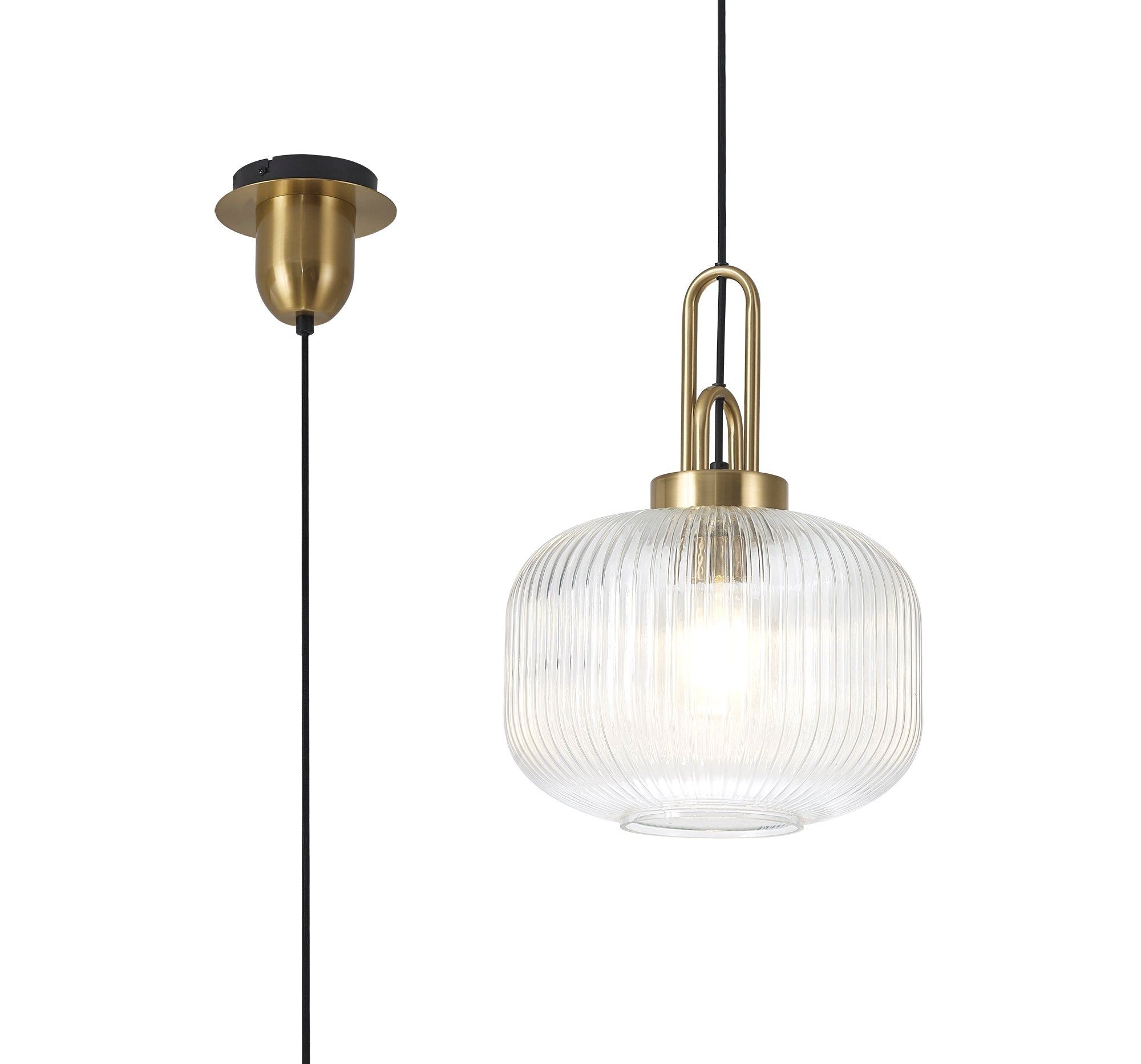 Cadiz 1 Light Pendant E27 With 30cm Pumpkin Shaped Ribbed Glass, Clear Brass Gold/Matt Black