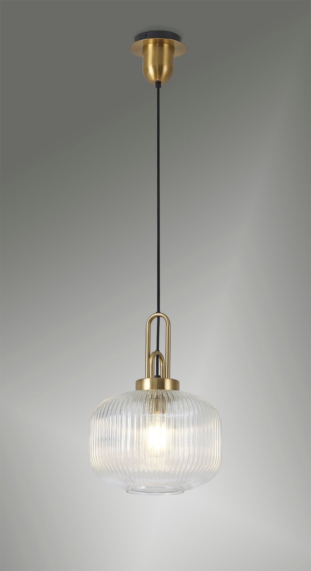 Cadiz 1 Light Pendant E27 With 30cm Pumpkin Shaped Ribbed Glass, Clear Brass Gold/Matt Black