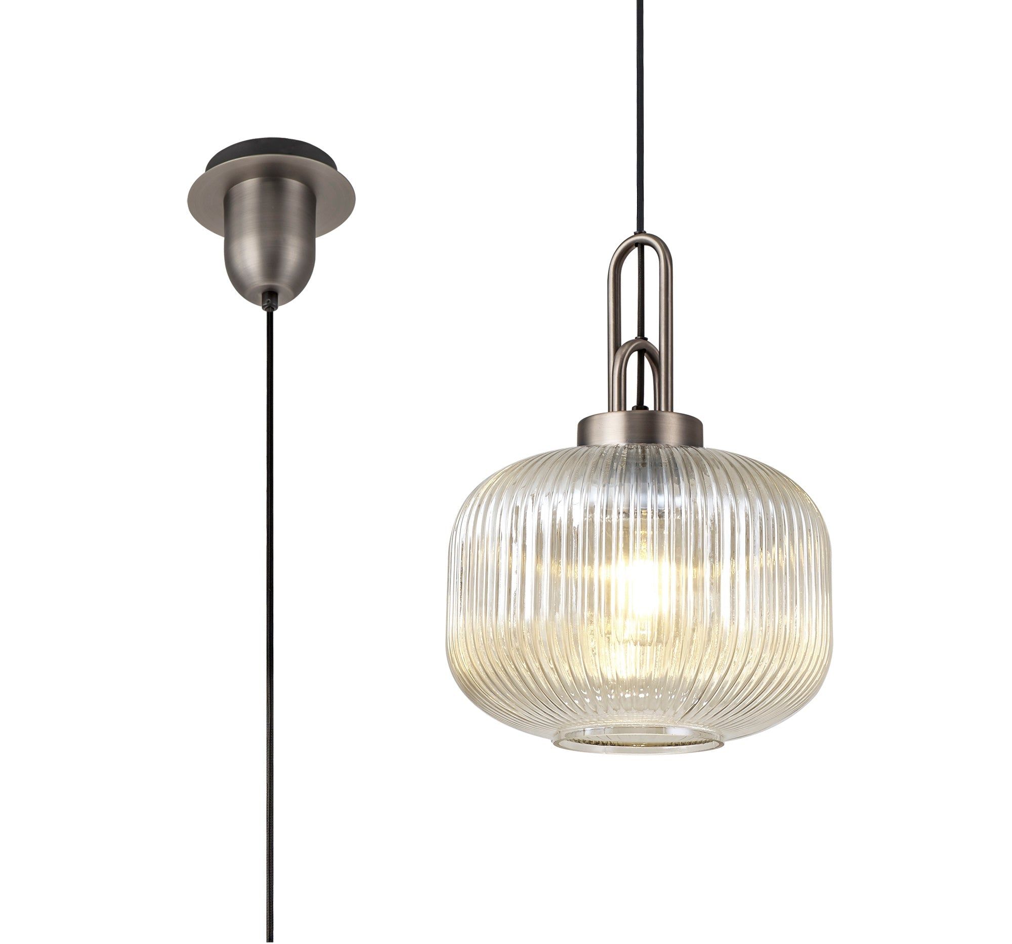 Cadiz 1 Light Pendant E27 30cm Pumpkin Shaped Ribbed Glass, Champagne Antique Silver/Black