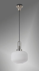 Cadiz 1 Light Pendant E27 With 30cm Pumpkin Shaped Ribbed Glass, Opal Polished Nickel/Matt Black