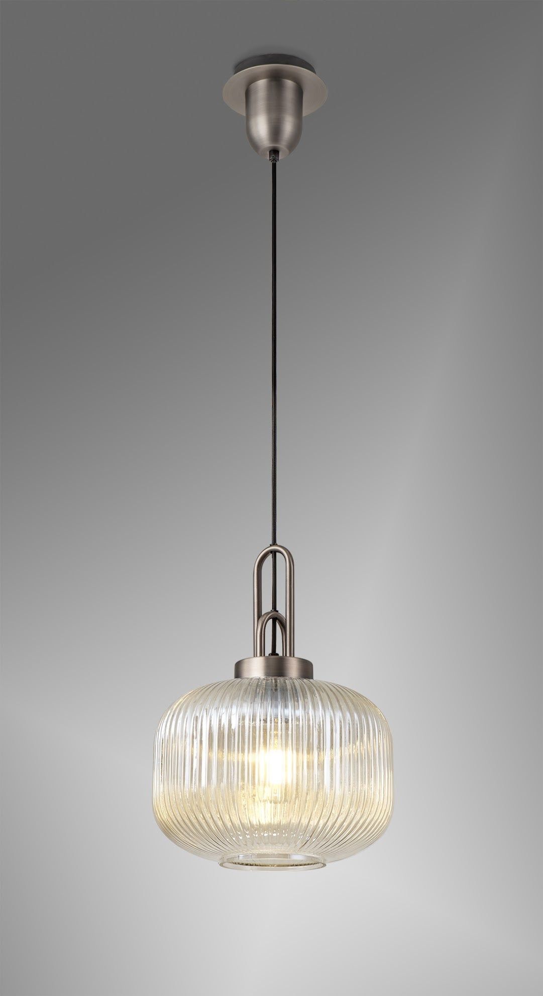 Cadiz 1 Light Pendant E27 30cm Pumpkin Shaped Ribbed Glass, Champagne Antique Silver/Black