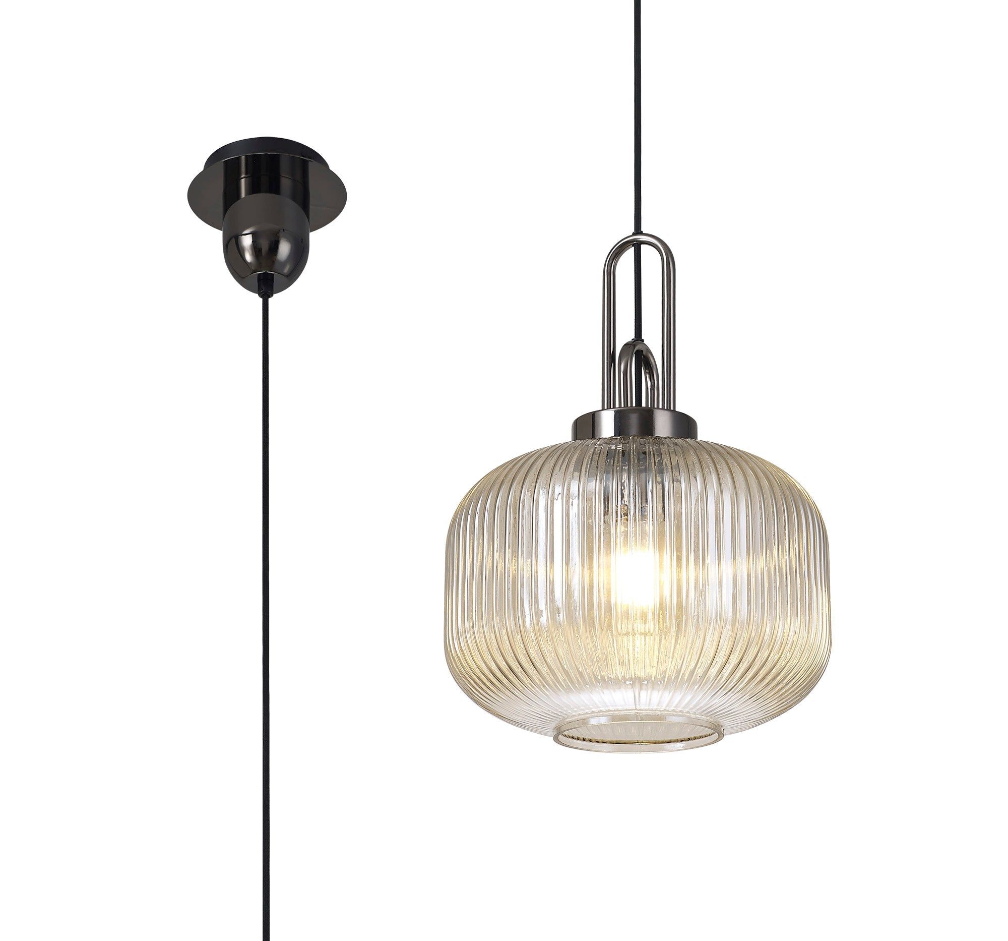 Cadiz 1 Light Pendant E27 With 30cm Pumpkin Shaped Ribbed Glass, Champagne Black Chrome/Matt Black