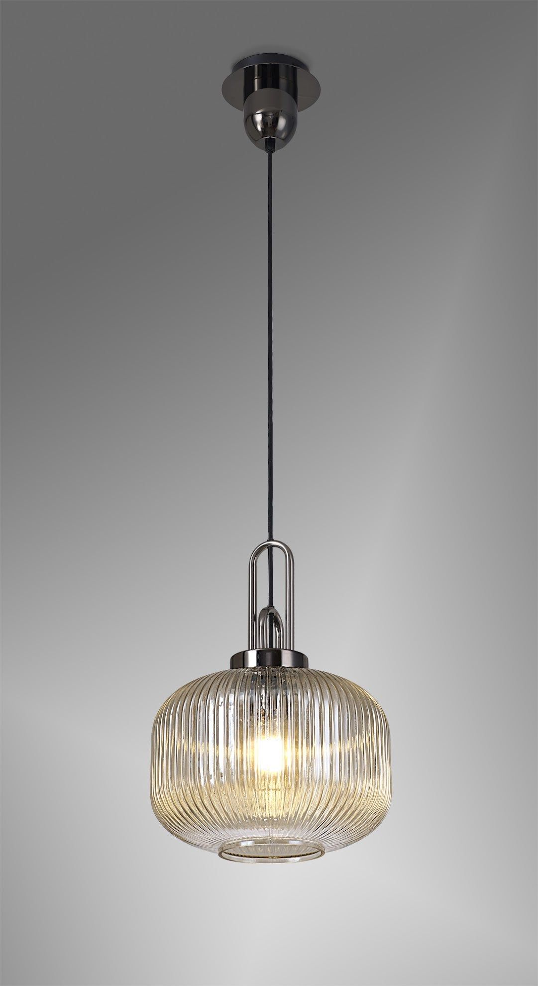 Cadiz 1 Light Pendant E27 With 30cm Pumpkin Shaped Ribbed Glass, Champagne Black Chrome/Matt Black