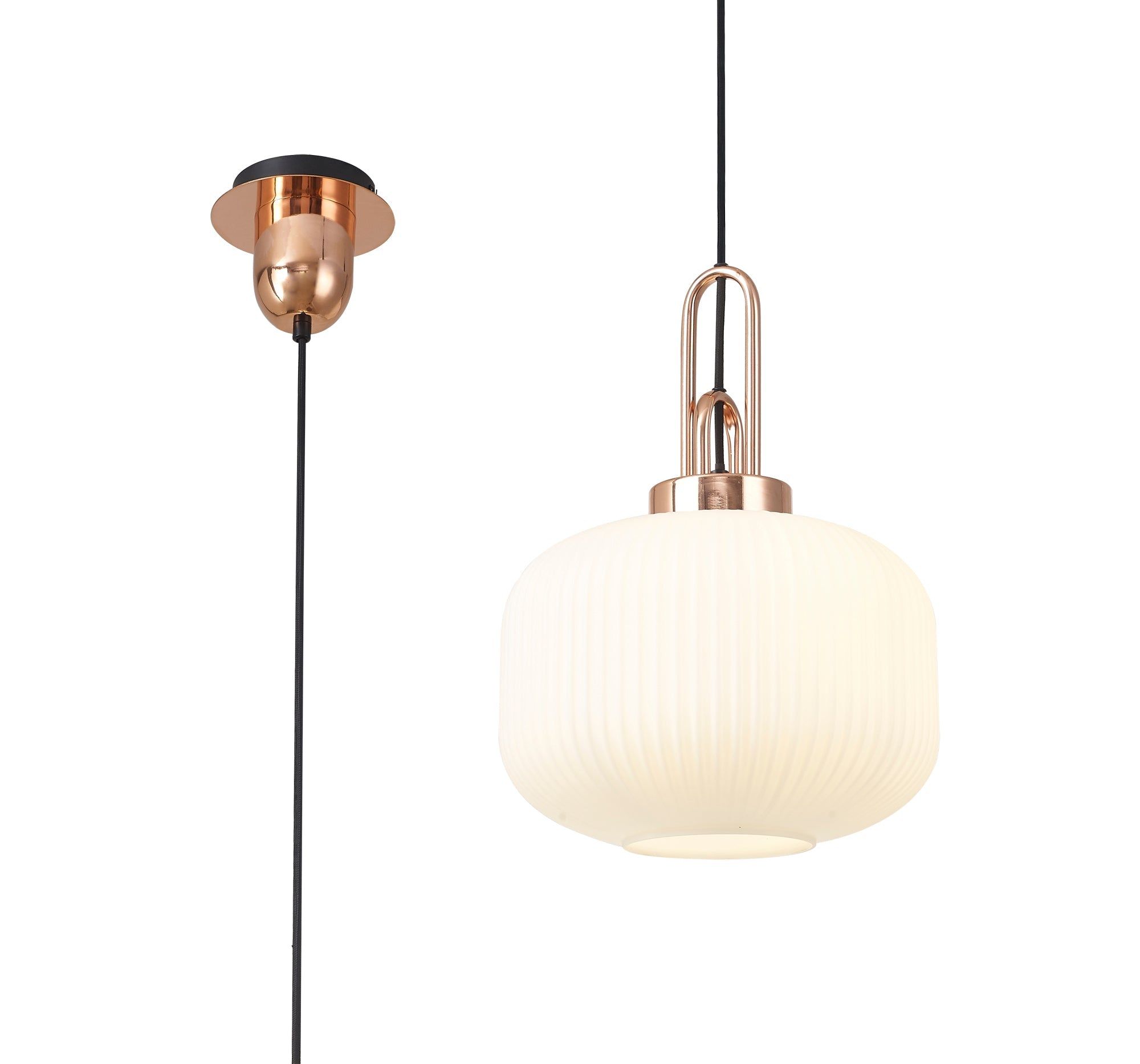 Cadiz 1 Light Pendant E27 With 30cm Pumpkin Shaped Ribbed Glass, Opal Copper/Matt Black