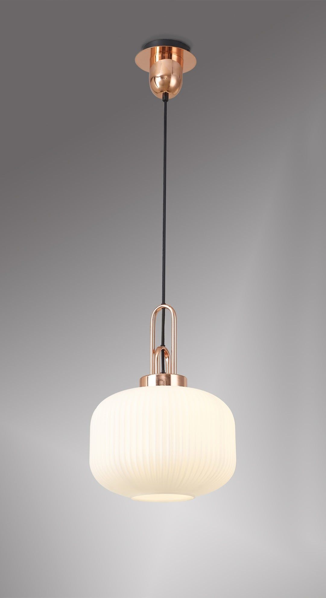 Cadiz 1 Light Pendant E27 With 30cm Pumpkin Shaped Ribbed Glass, Opal Copper/Matt Black