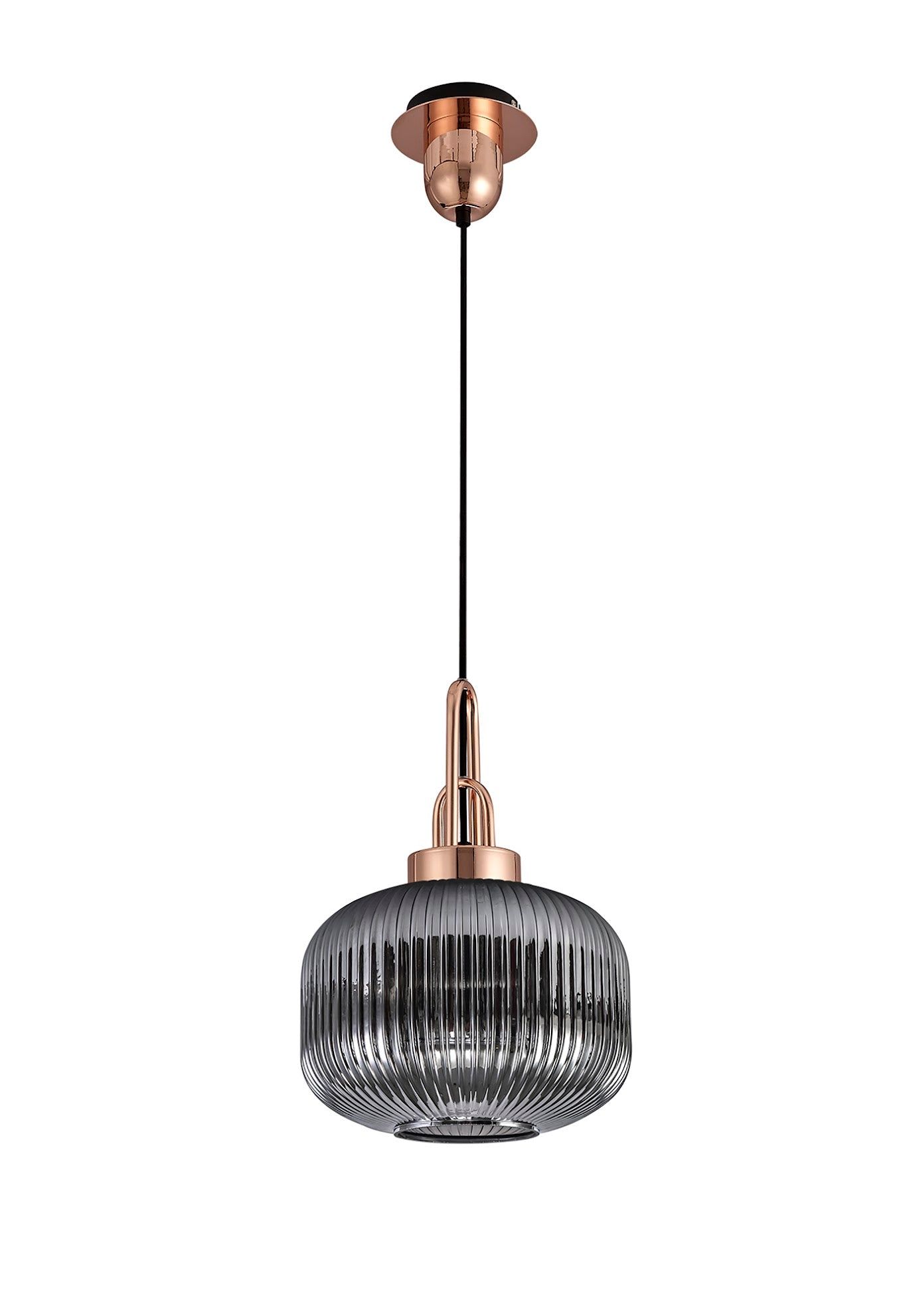 Cadiz 1 Light Pendant E27 With 30cm Pumpkin Shaped Ribbed Glass, Smoked Copper/Matt Black