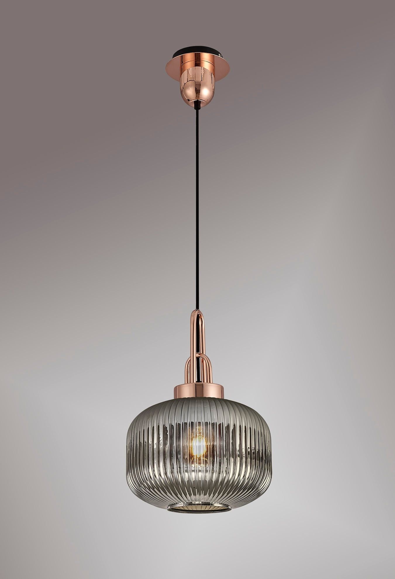 Cadiz 1 Light Pendant E27 With 30cm Pumpkin Shaped Ribbed Glass, Smoked Copper/Matt Black